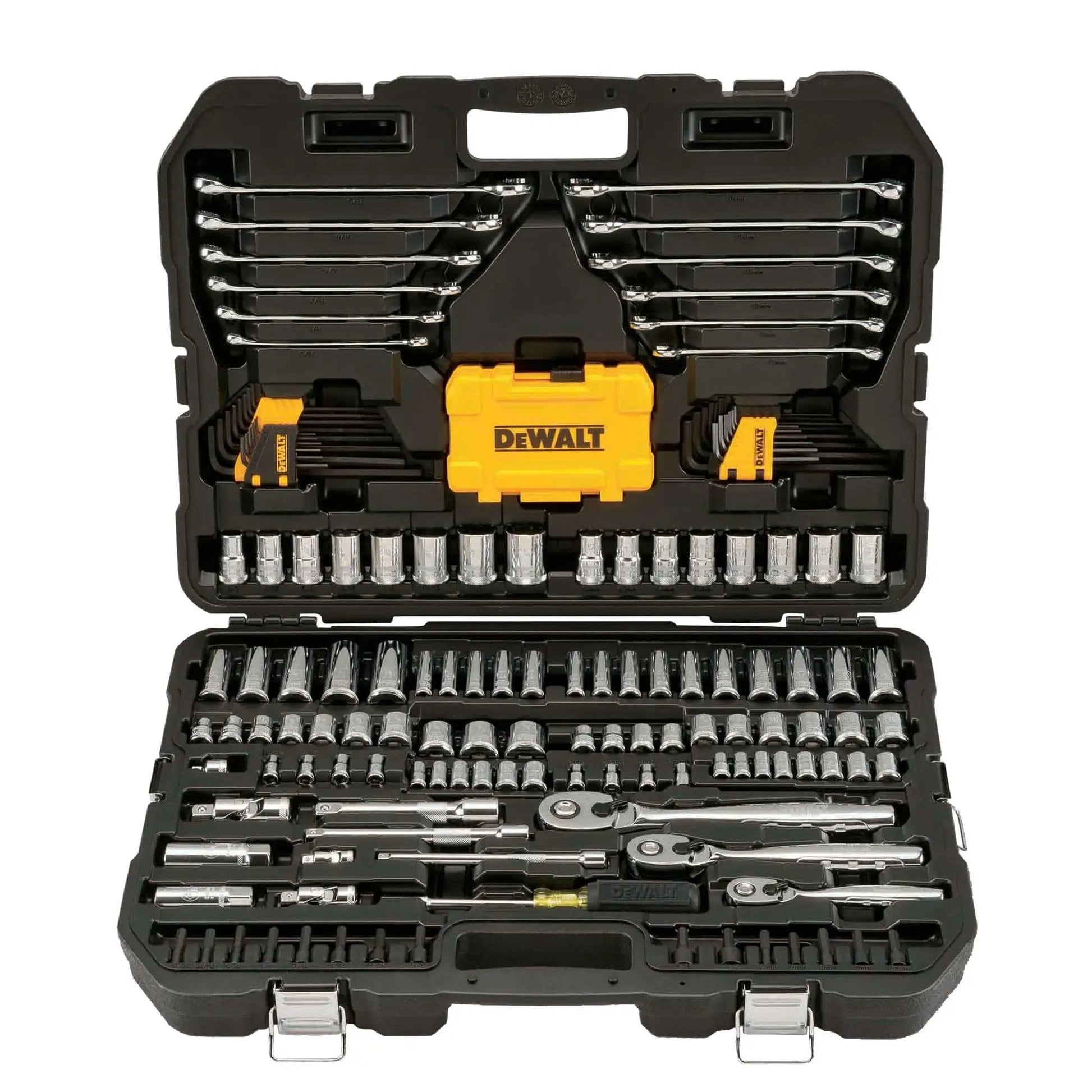 Pro Grade Mechanic Tool Set With Case By DeWalt, 168 Piece Socket Set Metric And Standard, in open case showing tools