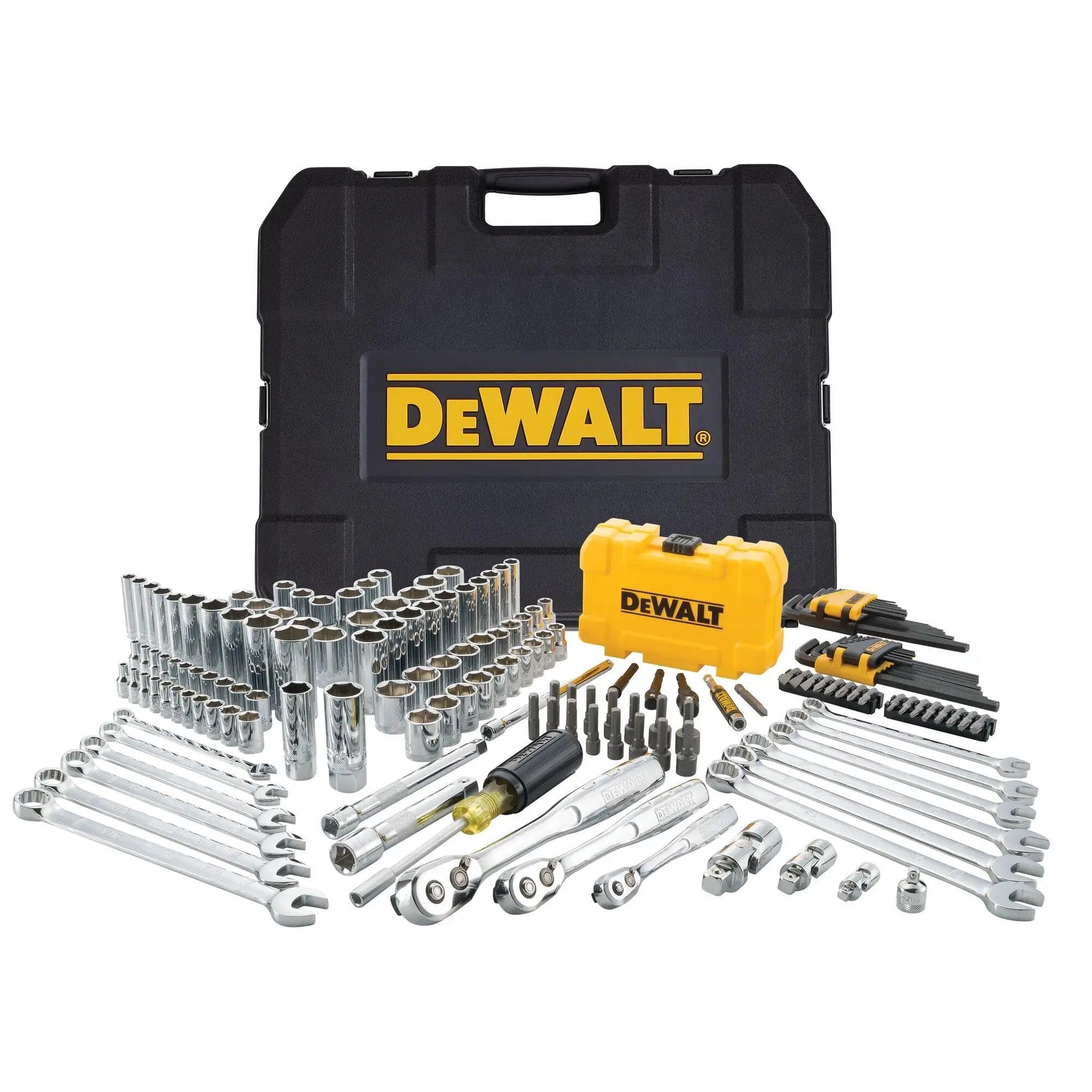 Pro Grade Mechanic Tool Set With Case By DeWalt, 168 Piece Socket Set Metric And Standard, assorted tools displayed