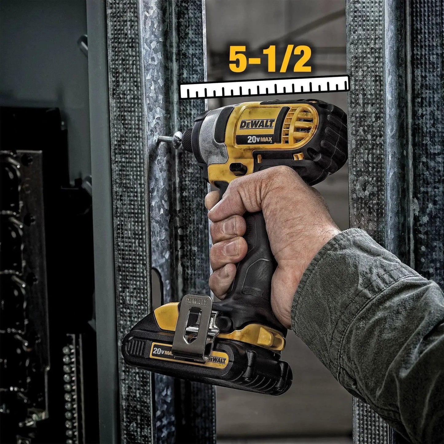 Person using DEWALT 20V MAX cordless drill from the 20V Max Cordless Drill And Impact Driver Combo Kit With Two Batteries And Charger Carry Bag Included Ergonomic Compact And Lightweight Design For Tight Corners And Hard To Reach Spaces Ideal For Home Improvement Projects in tight space.
