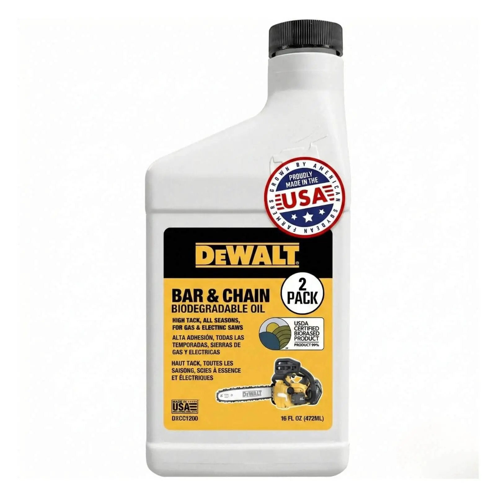 Eco Friendly Biodegradable Bar And Chain Oil For Chainsaws From DeWalt Green Non-Toxic Pro Lubricant bottle 16 oz front view