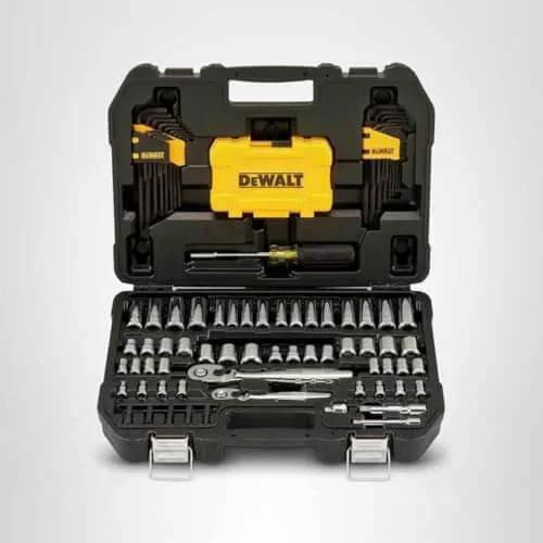 DEWALT Mechanics Tools Kit and Socket Set, 1/4" & 3/8" Drive, SAE, 108-Piece (DWMT73801) open case with tools visible