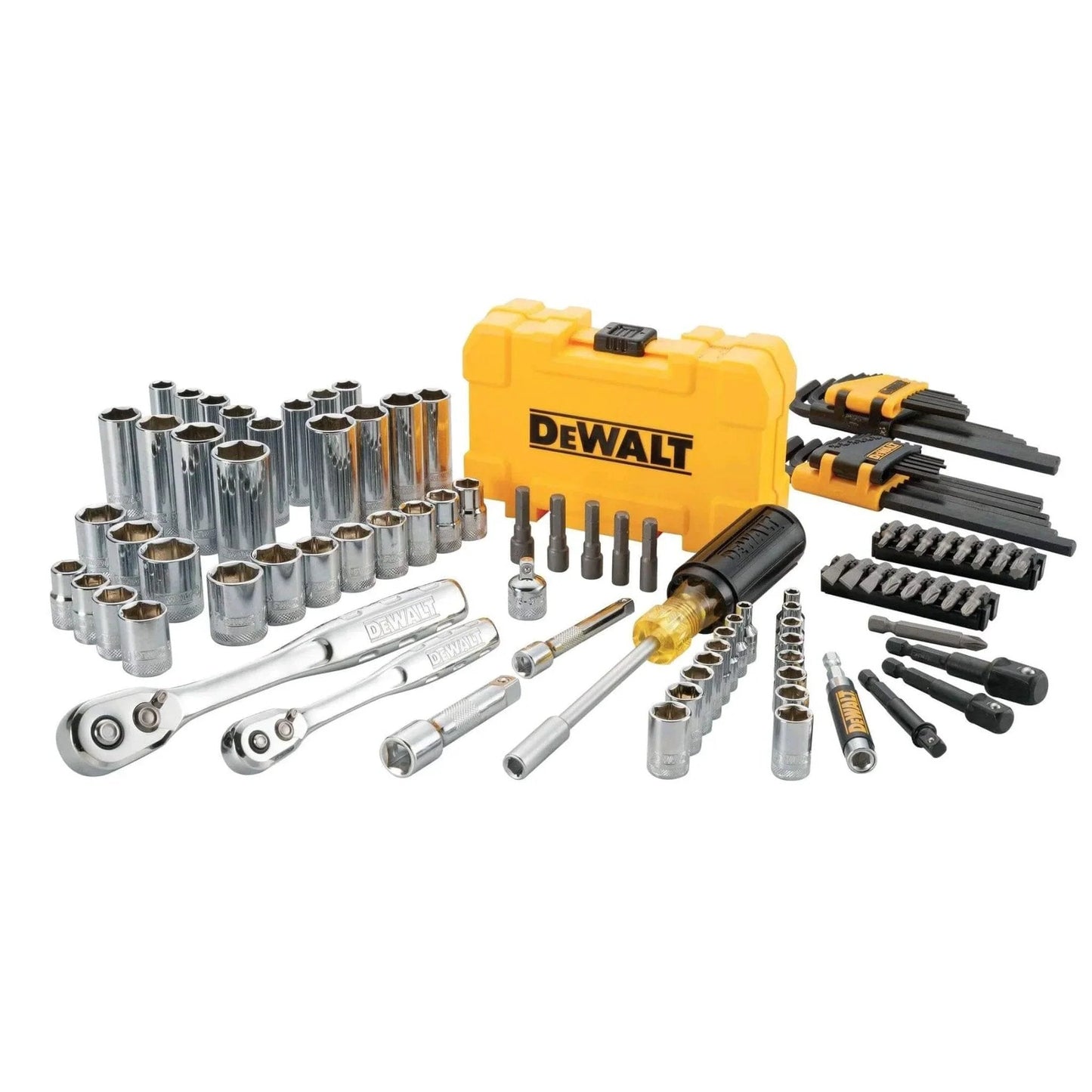 DEWALT Mechanics Tools Kit and Socket Set, 1/4" & 3/8" Drive, SAE, 108-Piece (DWMT73801) with ratchets, sockets, and case displayed