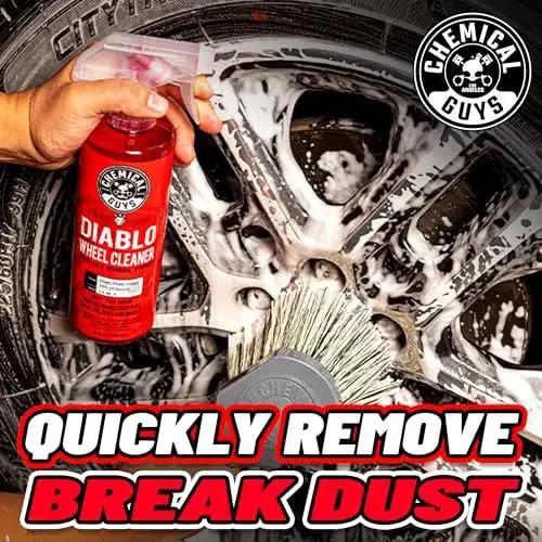 Diablo Wheel Cleaner Spray Two Pack 16 Oz Bottles in use on chrome wheel, removing brake dust and grime effectively.