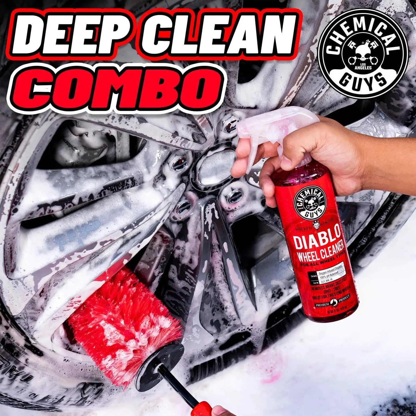 Person using Diablo Wheel Cleaner Spray Two Pack 16 Oz Bottles Safe On Chrome Aluminum Painted Powder Coated And Custom Wheels