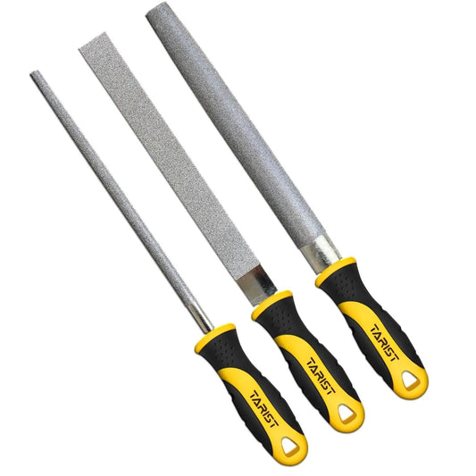 Diamond File Set 3 Piece 8 Inch Sharpener Kit with flat half round and round files, yellow and black ergonomic handles visible