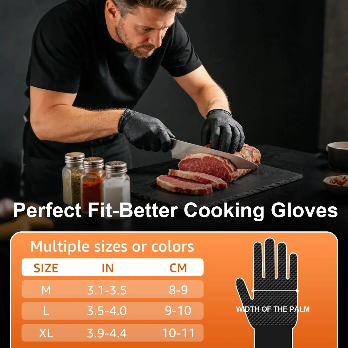 Man slicing meat while wearing thick 10Mil nitrile gloves, diamond textured and latex free, with size chart for Medium to XL.