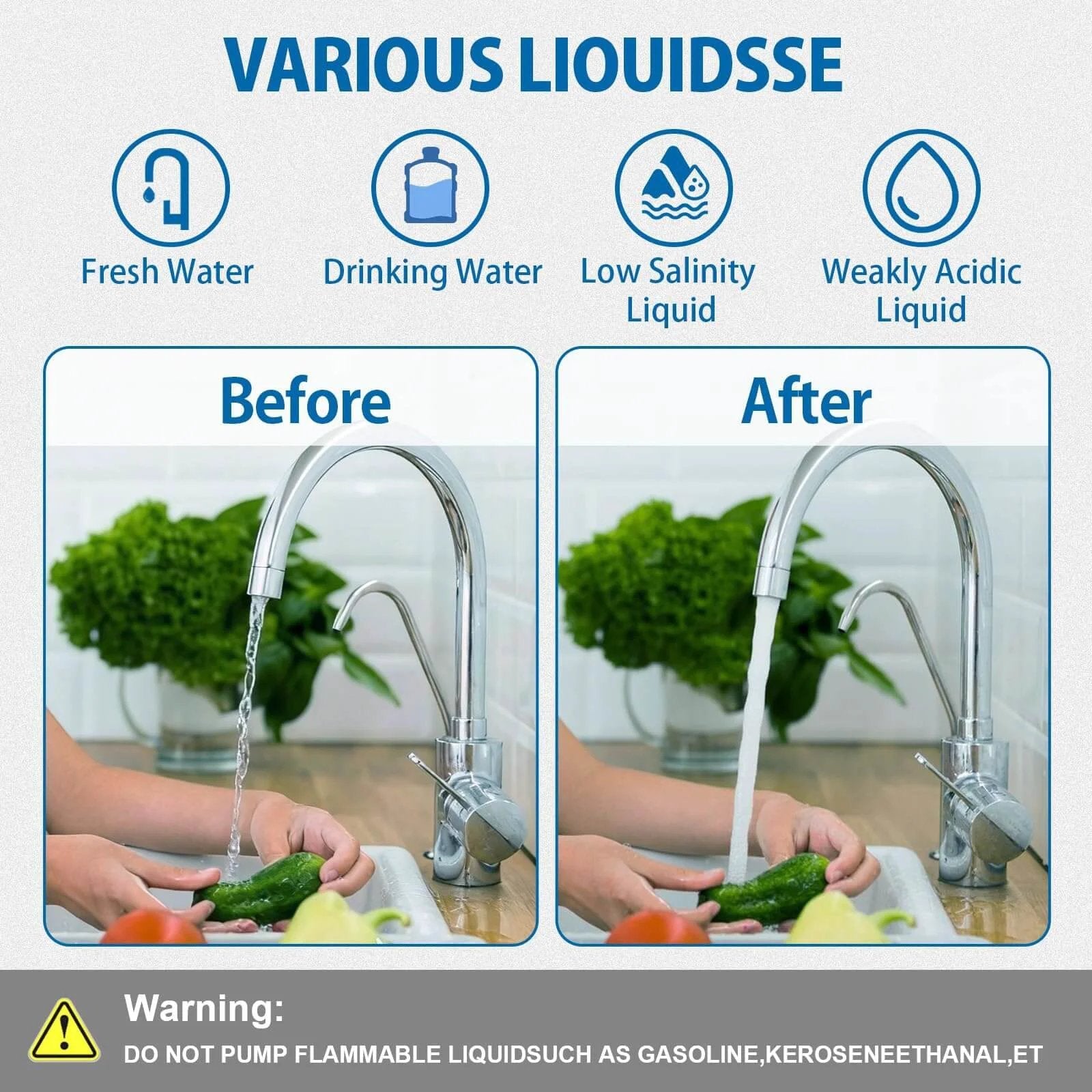 Image comparing water flow before and after using WASSERMANN 115V AC Diaphragm Pump with focus on fresh water applications.