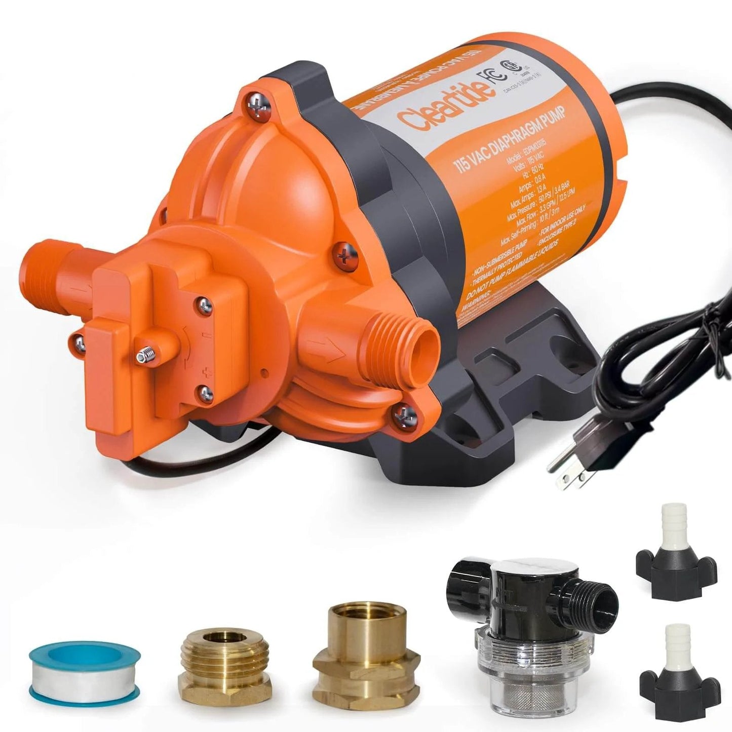 Cleartide Diaphragm Water Pump, 115V, 3.3 GPM, 50 PSI, Self-Priming 10FT with accessories, Self-Diagnosis & Dry-Run Protection, orange casing