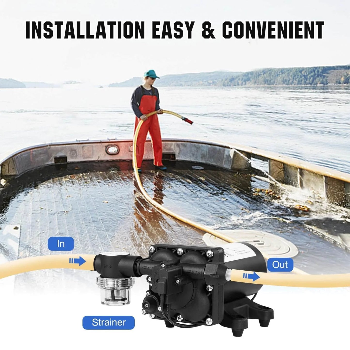 ECO-WORTHY 110V AC Fresh Transfer Diaphragm Water Pump installed on a boat with a hose, demonstrating easy installation.