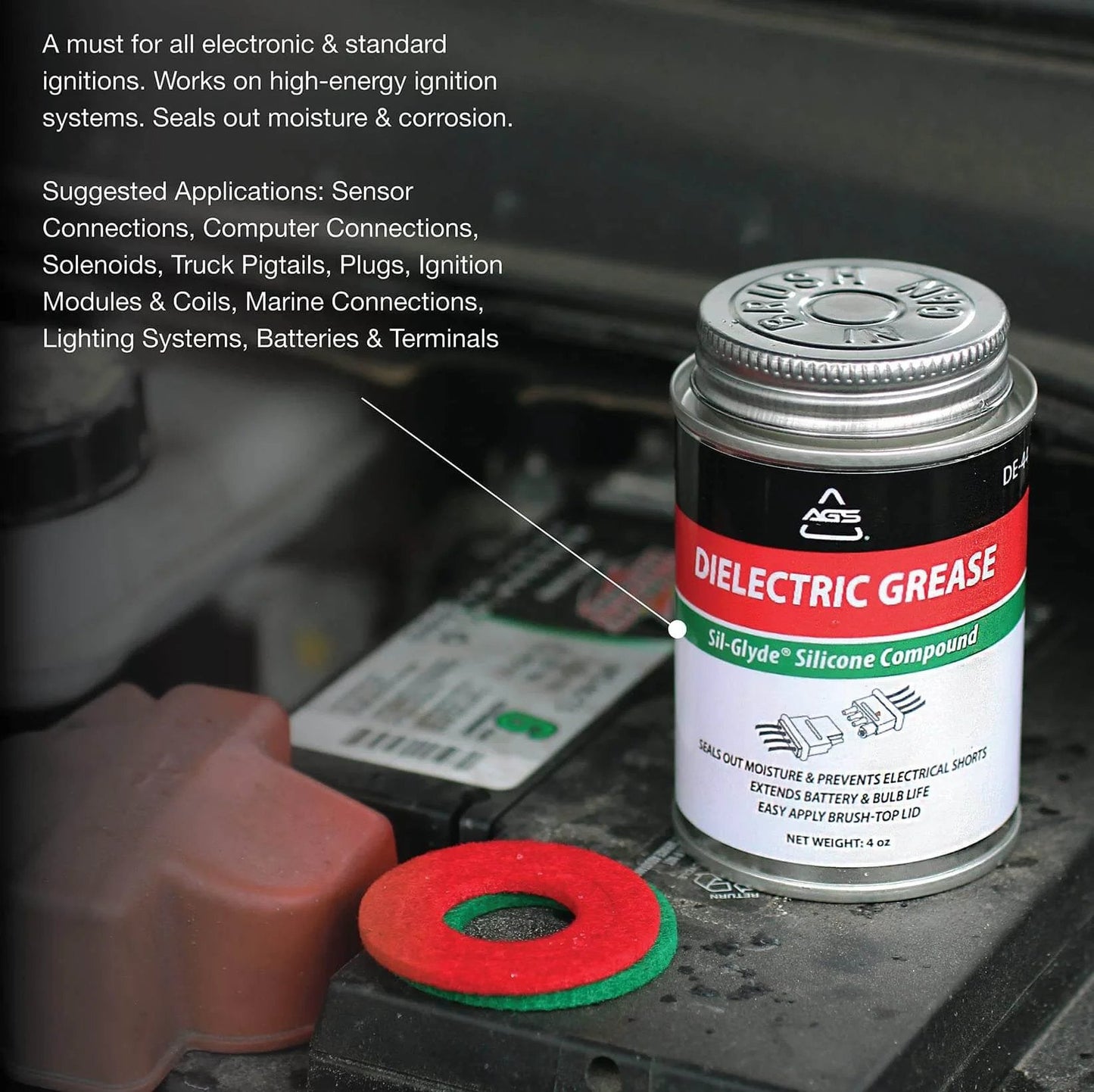 AGS Automotive Solutions Brush Top Can Dielectric Silicone Grease Compound for All Electrical Components and Connectors, 4oz cylinder