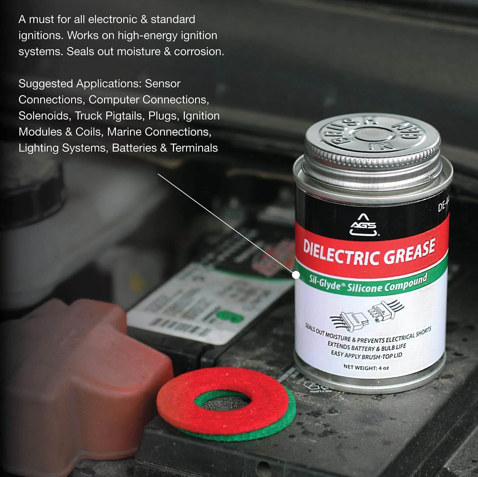 AGS Automotive Solutions Brush Top Can Dielectric Silicone Grease Compound for All Electrical Components and Connectors, 4oz cylinder