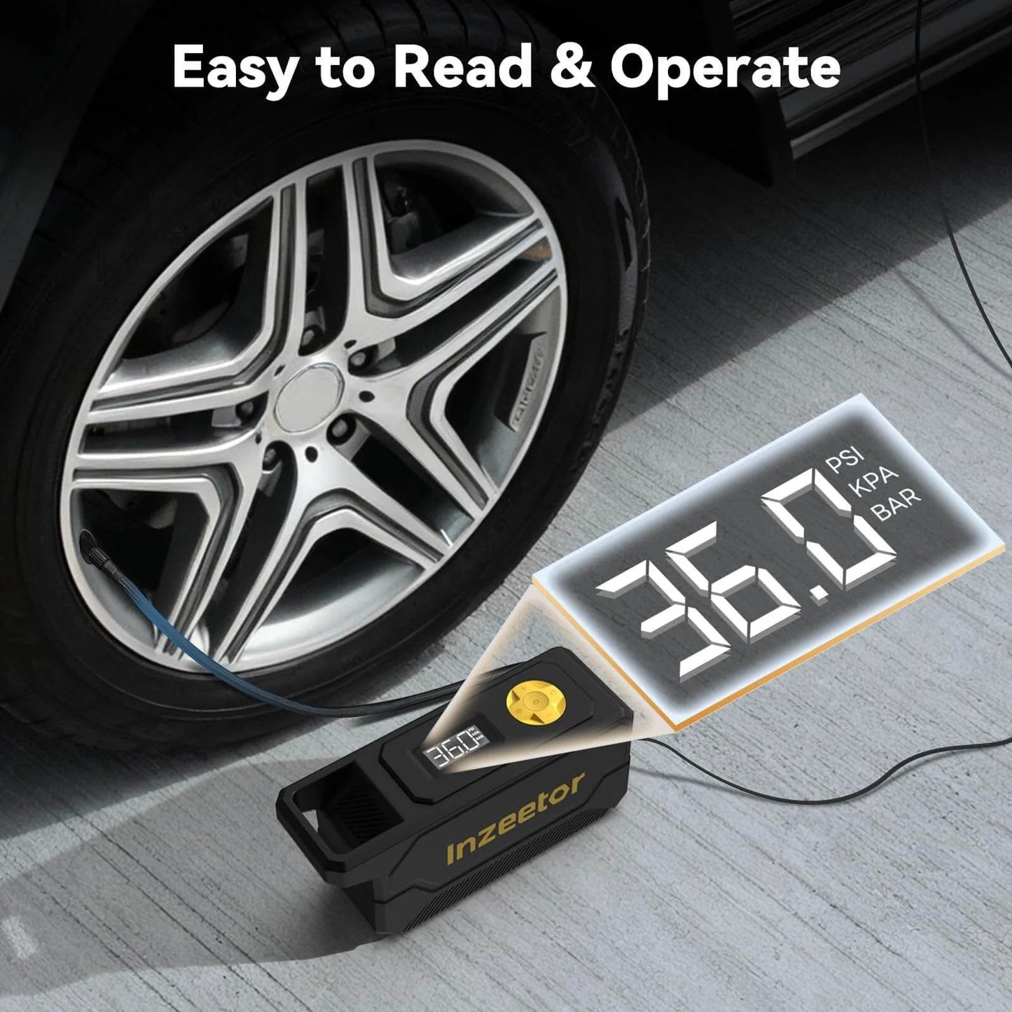 150 PSI Tire Inflator Portable Air Compressor, 12V DC Auto Shutoff Air Pump with Digital Pressure Gauge and LED Light in use