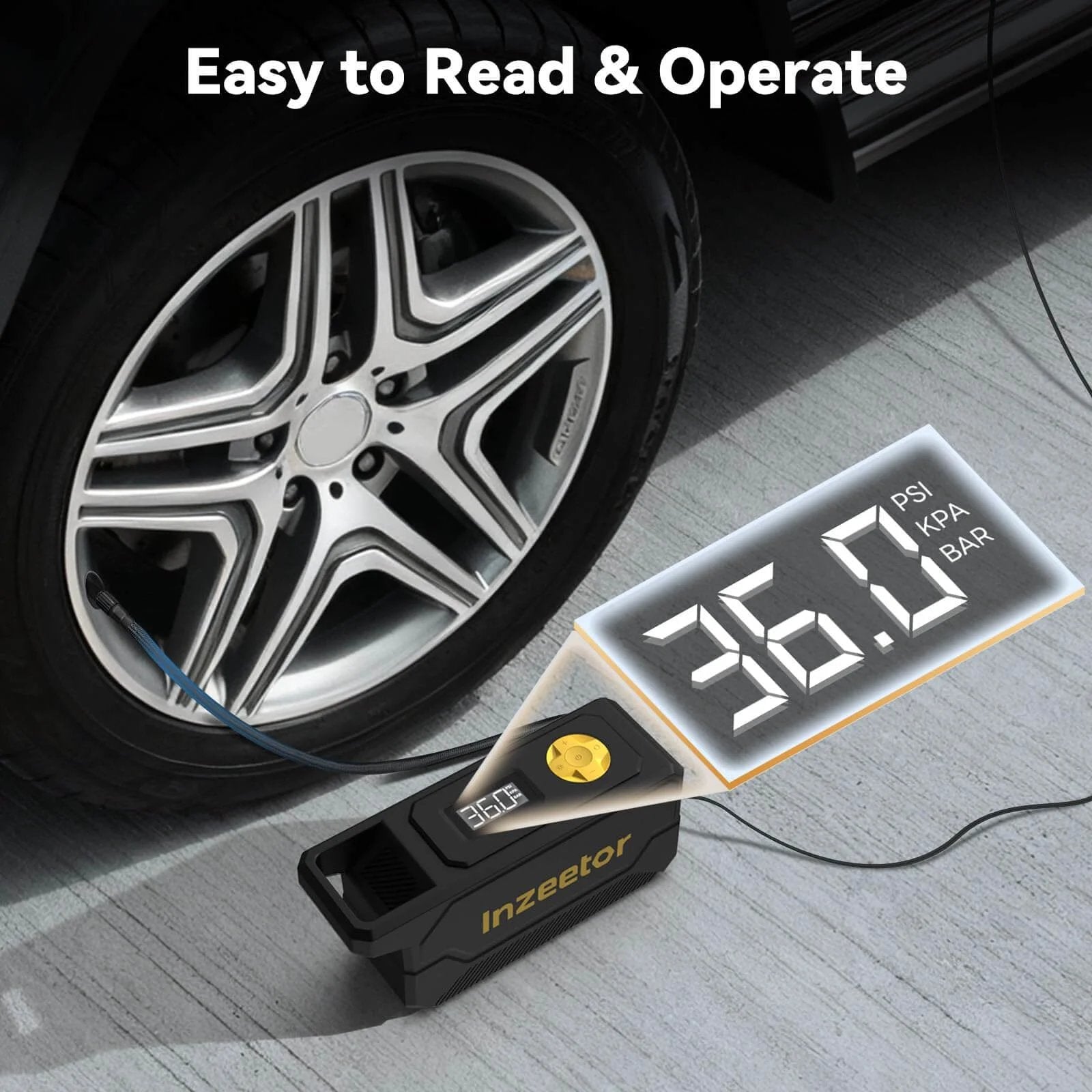 150 PSI Tire Inflator Portable Air Compressor, 12V DC Auto Shutoff Air Pump with Digital Pressure Gauge and LED Light in use