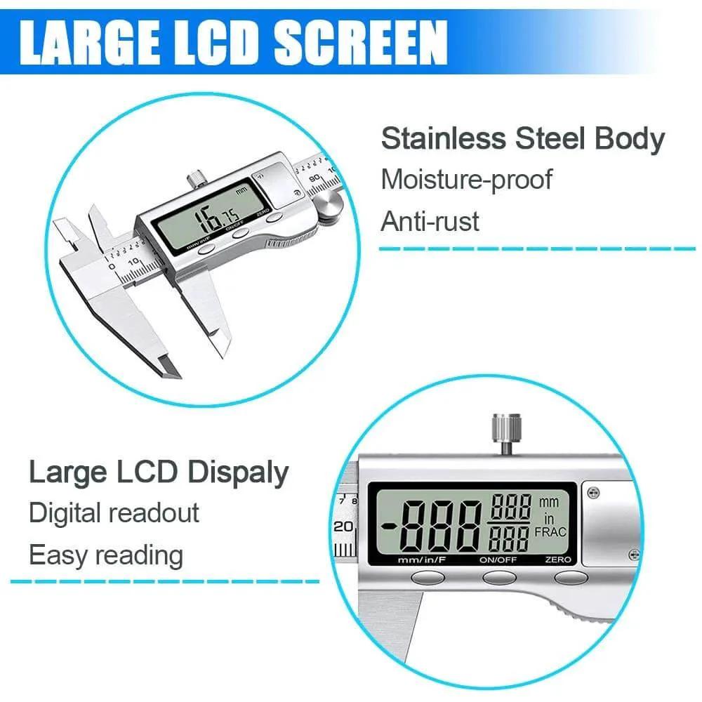 Digital Caliper Measuring Tool, Stainless Steel Vernier Caliper Digital Micrometer with Large LCD Screen showing precise readings