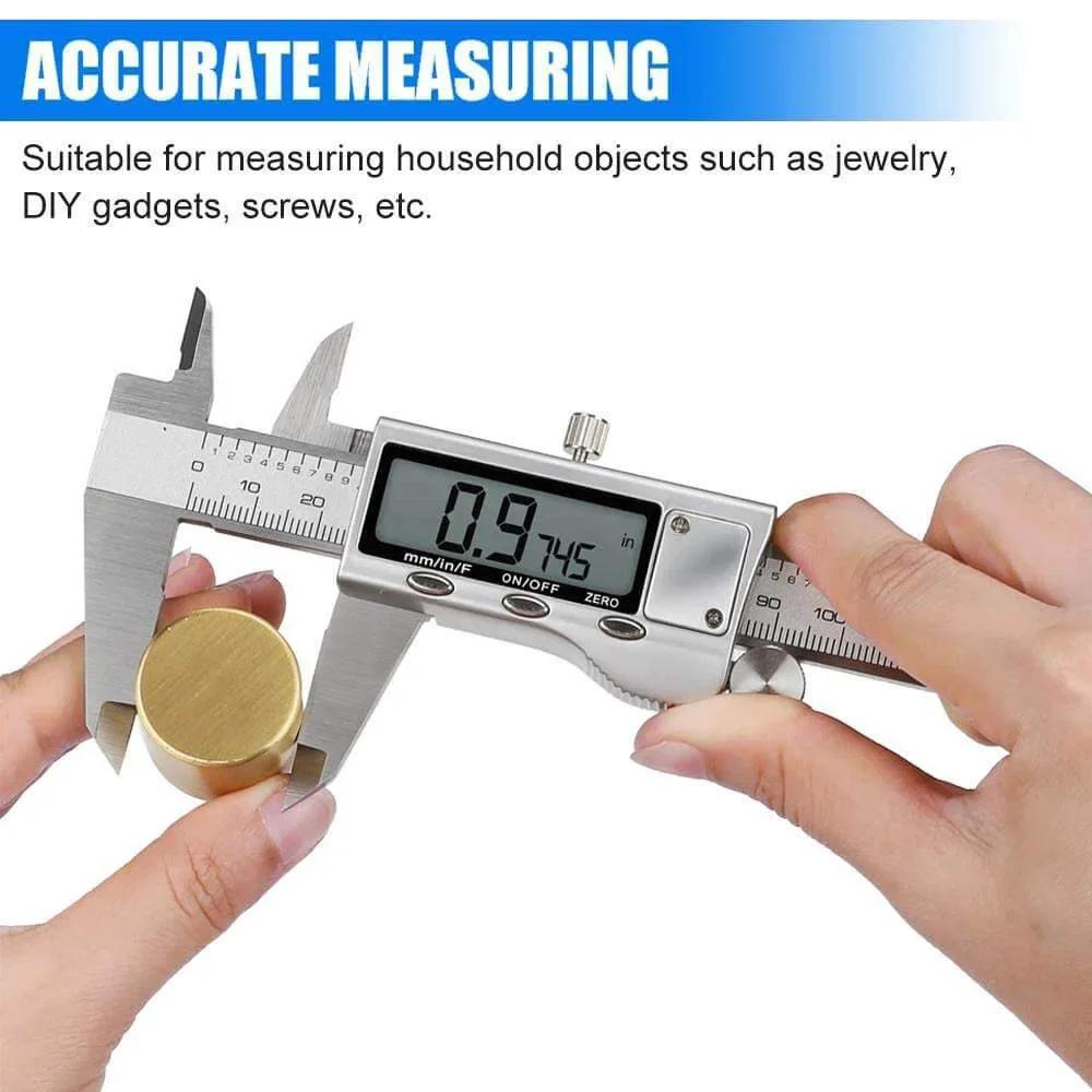 Person using Digital Caliper Measuring Tool, Stainless Steel Vernier Caliper Digital Micrometer with Large LCD Screen on metal object