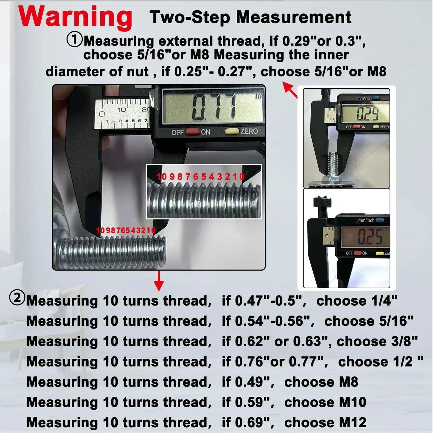 Digital caliper measuring thread size with step-by-step instructions for selecting the correct nut and bolt size with diameter in inches.