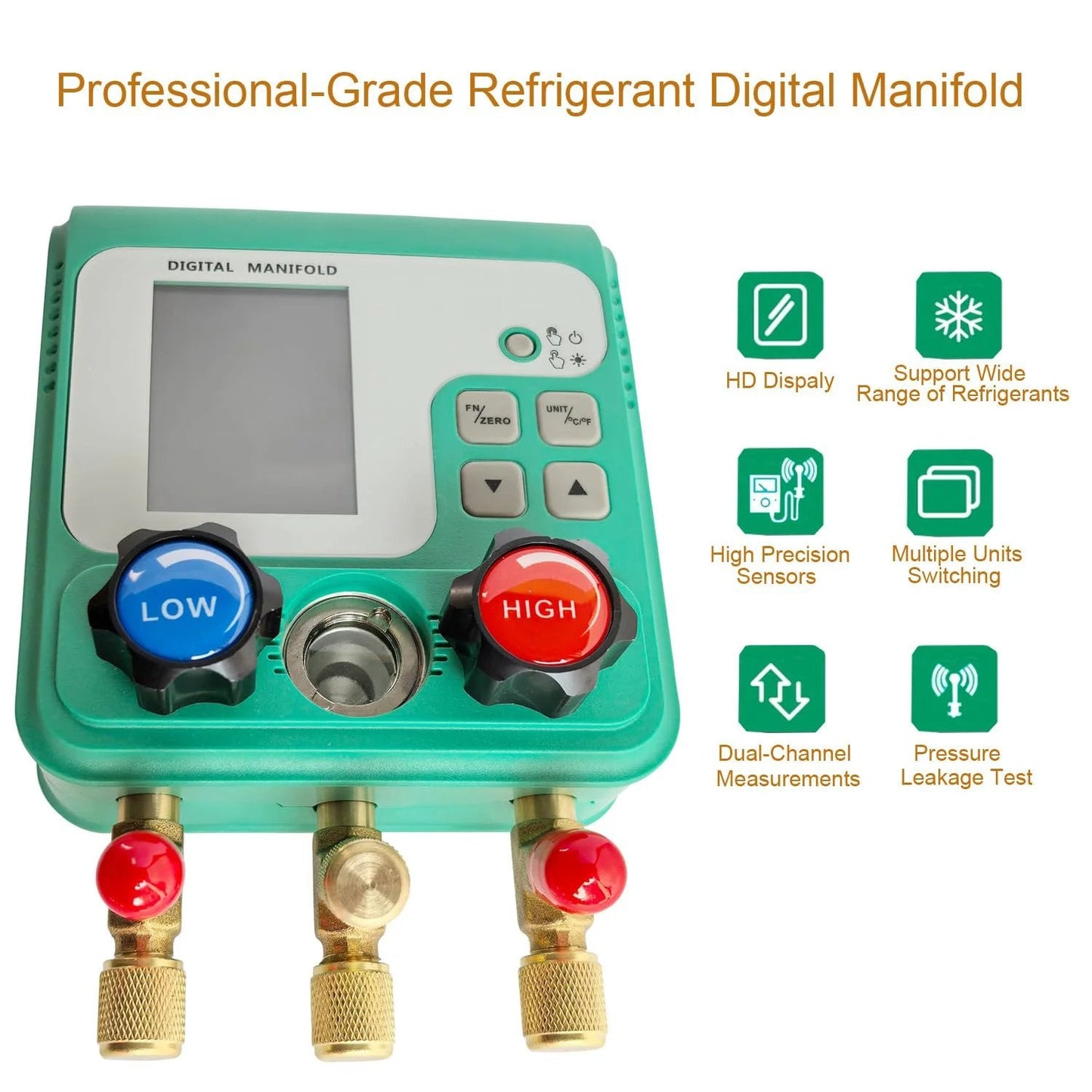 Pro Grade Digital HVAC Manifold Gauge Set With 2 Point 4 Inch HD Color Display For R134A R410A 1234YF Refrigerants, Pressure, Vacuum And Leak Testing, Real Time EV CO Temperature Conversion, 92 Refrigerant Types Compatibility, HVAC Maintenance By Vanlison close-up view showing digital display and connection ports.