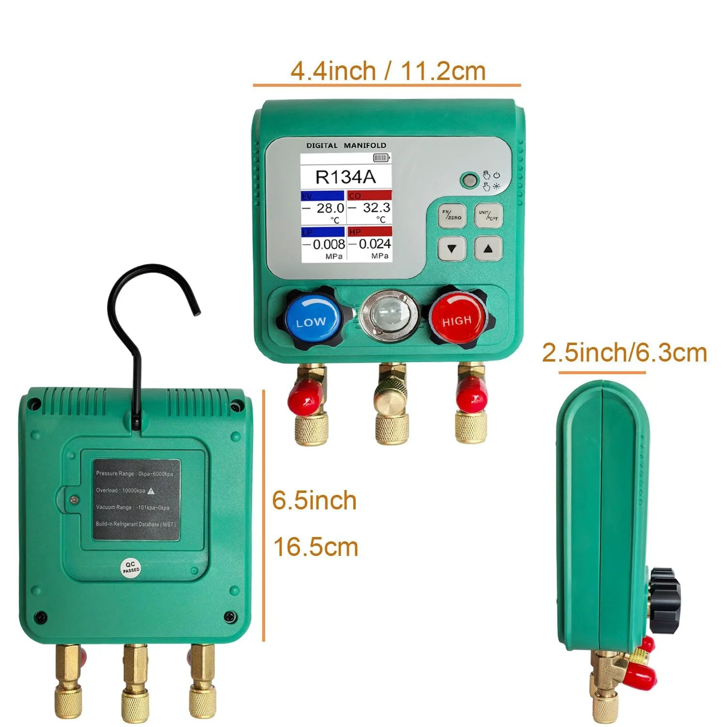 Pro Grade Digital HVAC Manifold Gauge Set With 2 Point 4 Inch HD Color Display For R134A R410A 1234YF Refrigerants, Pressure, Vacuum And Leak Testing, Real Time EV CO Temperature Conversion, 92 Refrigerant Types Compatibility, HVAC Maintenance By Vanlison shown from multiple angles including screen and connections.