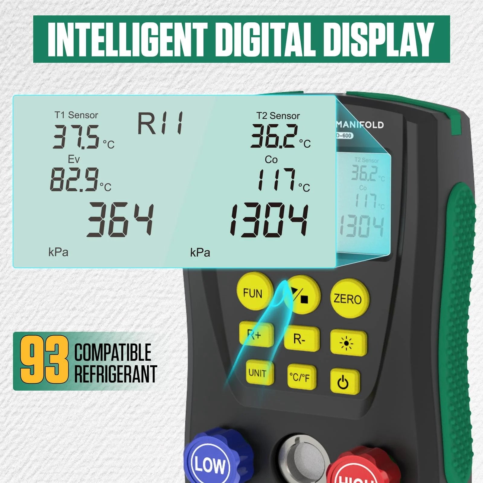 Digital Manifold HVAC Gauge Set With Dual Pressure And Temperature Testing For 93 Refrigerants Including R1234YF R134A R404A R410A R32 And CO2 showing intelligent digital display with dual pressure readouts.