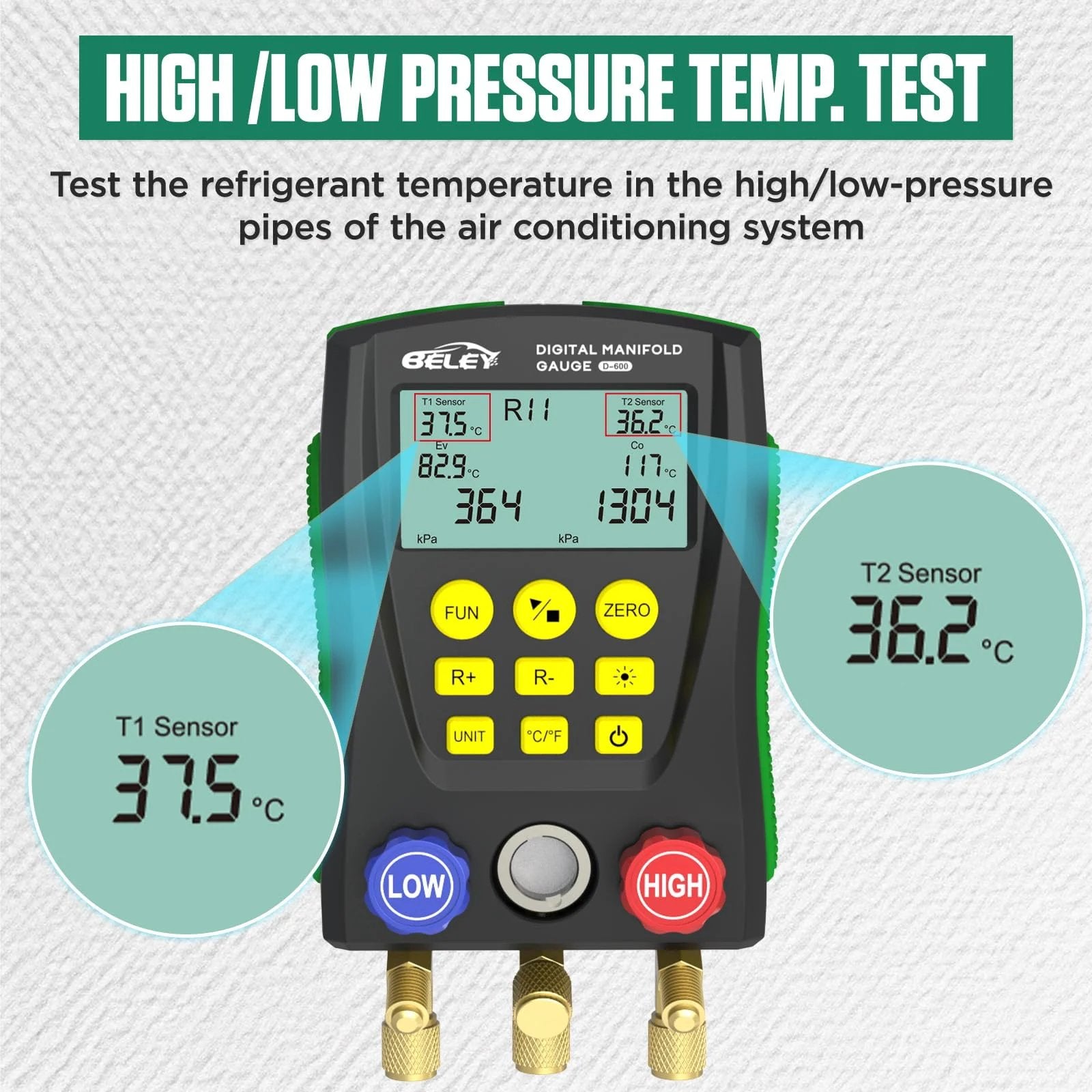 Digital Manifold HVAC Gauge Set With Dual Pressure And Temperature Testing For 93 Refrigerants Including R1234YF R134A R404A R410A R32 And CO2 showing pressure and temperature readouts.