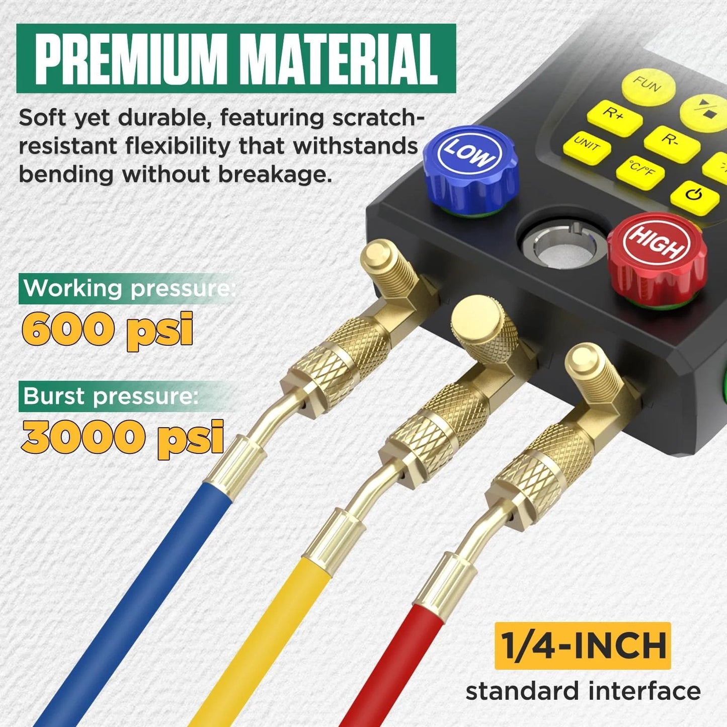 Close-up of Digital Manifold HVAC Gauge Set With Dual Pressure And Temperature Testing For 93 Refrigerants Including R1234YF R134A R404A R410A R32 And CO2 showing pressure connections and durable hoses.