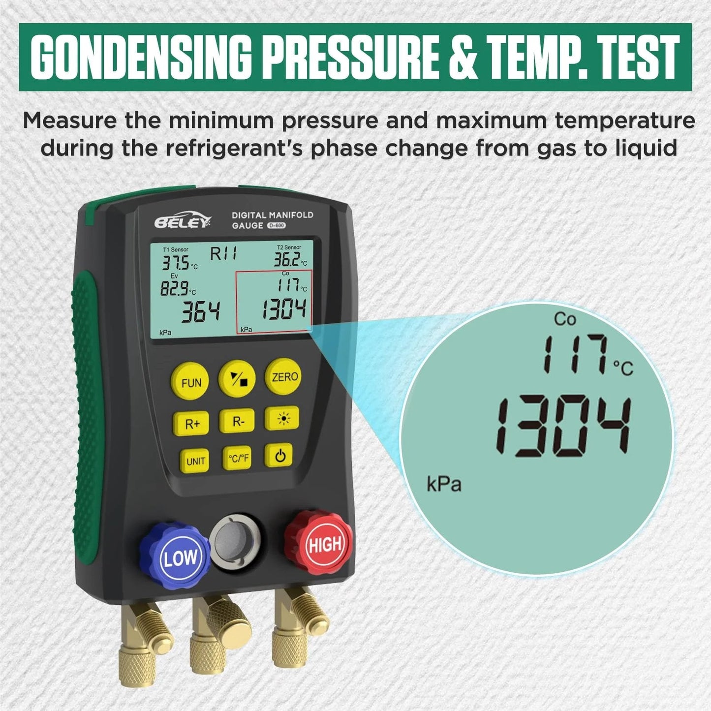 Digital Manifold HVAC Gauge Set With Dual Pressure And Temperature Testing For 93 Refrigerants Including R1234YF R134A R404A R410A R32 And CO2 showing pressure and temperature readings, keypad and hoses.