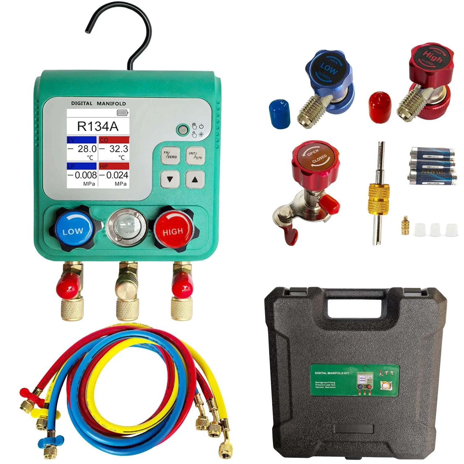 Pro Grade Digital HVAC Manifold Gauge Set With 2 Point 4 Inch HD Color Display For R134A R410A 1234YF Refrigerants, Pressure, Vacuum And Leak Testing, Real Time EV CO Temperature Conversion, 92 Refrigerant Types Compatibility, HVAC Maintenance By Vanlison with hoses and case.