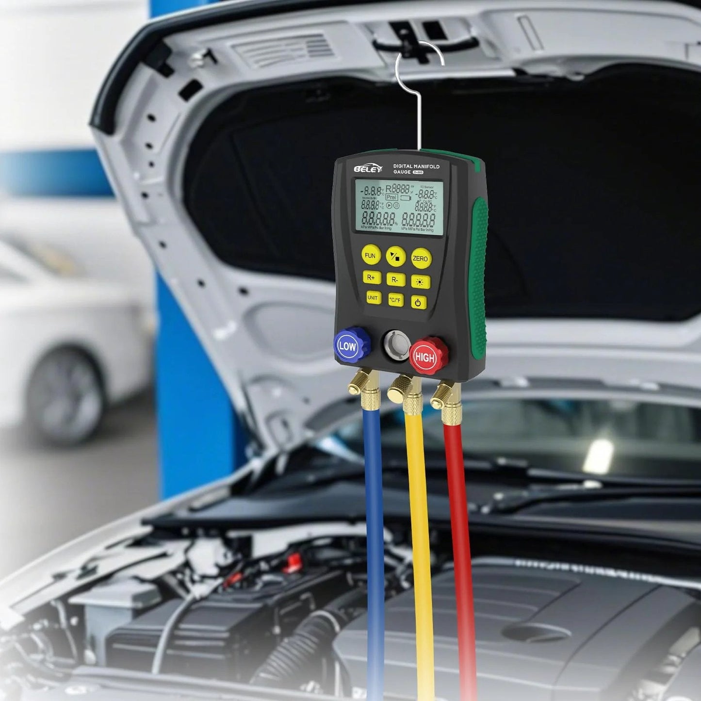 Digital Manifold HVAC Gauge Set With Dual Pressure And Temperature Testing For 93 Refrigerants Including R1234YF R134A R404A R410A R32 And CO2, showing dual readouts and hoses.