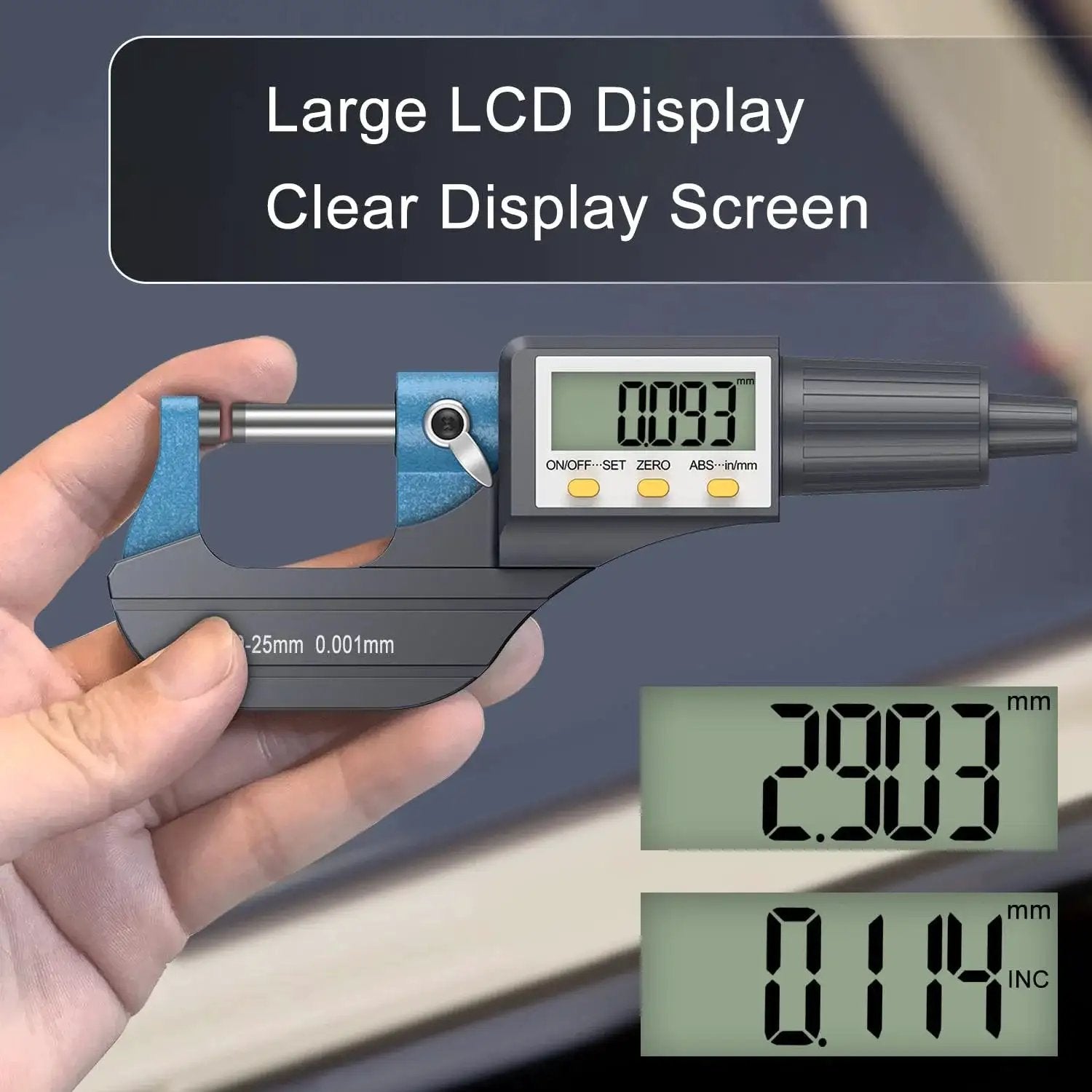 Digital Micrometer 0 To 1 Inch And 0 To 25 Mm With Large LCD Display 0.00005 Inch held in hand for size reference