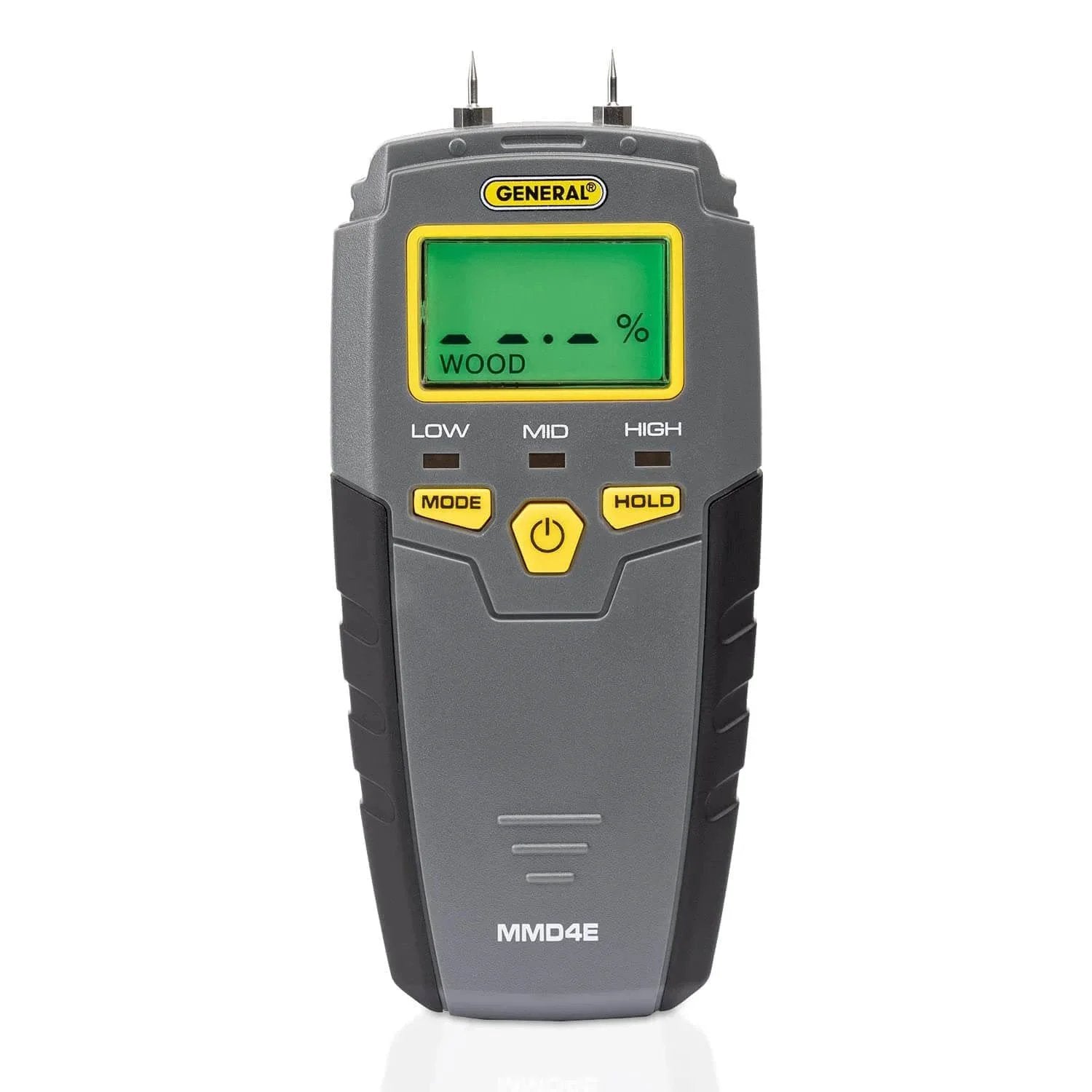 Front view of Digital Moisture Meter, Water Leak Detector, Moisture Tester, Pin Type, Backlit LCD Display, gray design