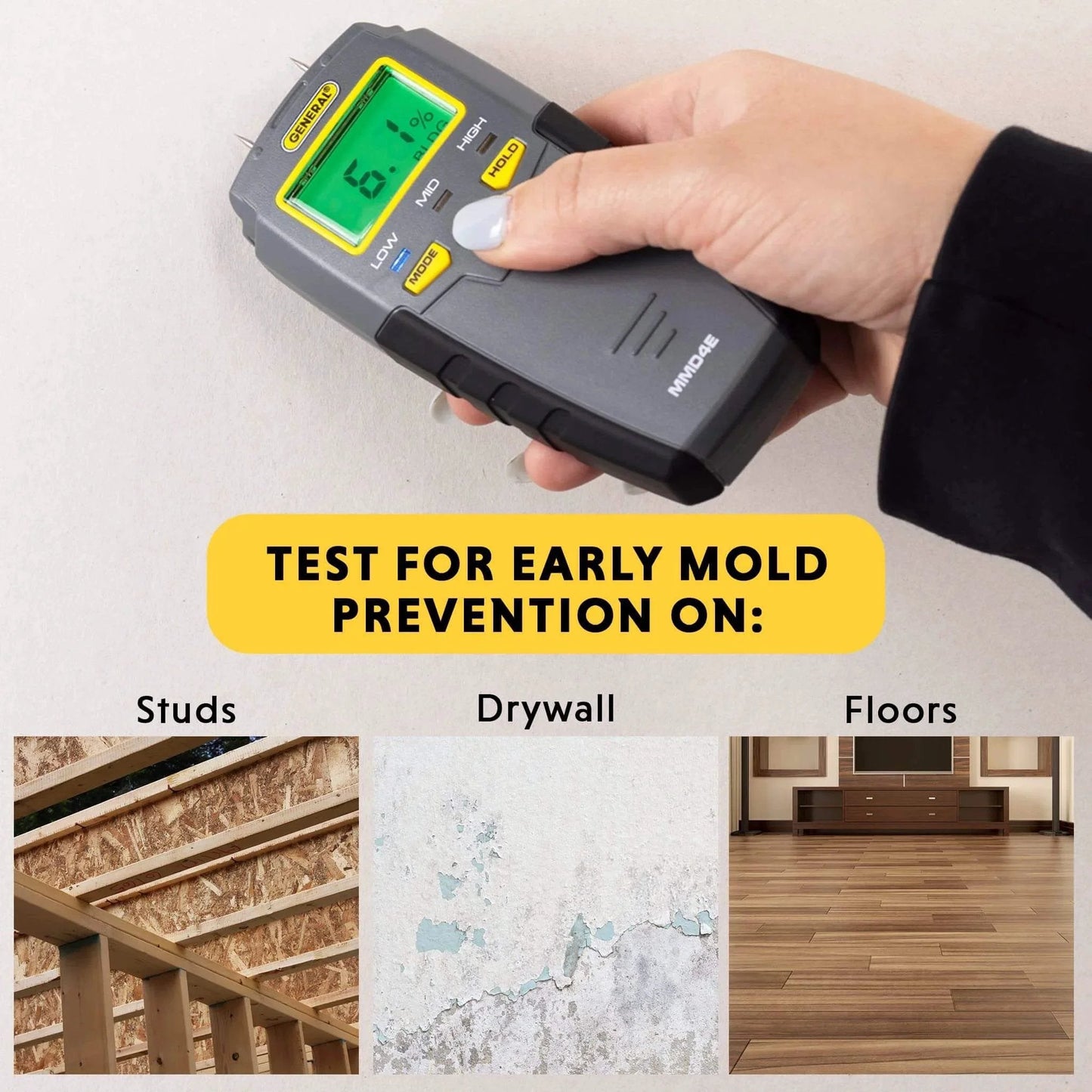 Digital Moisture Meter, Water Leak Detector, Moisture Tester, Pin Type, Backlit LCD Display With Audible and Visual High-Medium-Low Moisture Content Alerts, Grays in use on drywall.
