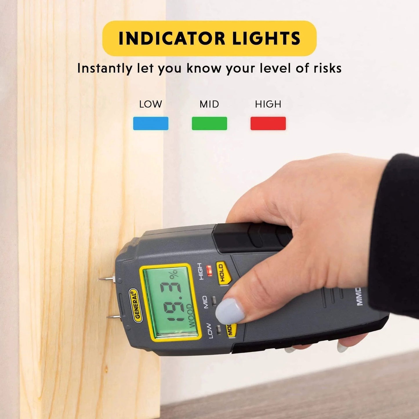 Hand using Digital Moisture Meter, Water Leak Detector, Moisture Tester, Pin Type, Backlit LCD Display With Audible and Visual High-Medium-Low Alerts