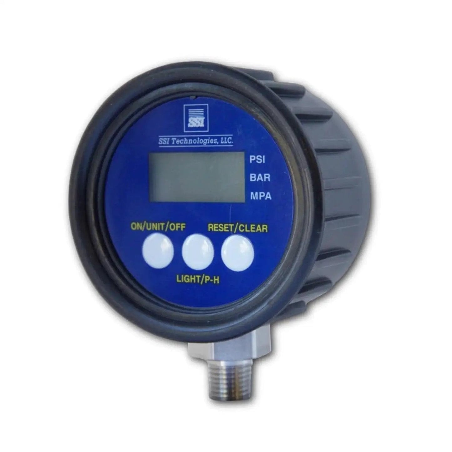 Digital Pressure Gauge With LCD Display For Industrial Use User Friendly Easy Readout Battery Powered By 9V Battery Included 1 Percent Accuracy 300 Psig Maximum Operating Pressure One Quarter Twenty Eighteen NPT Male Connector Auto Battery Saver Durable shown.