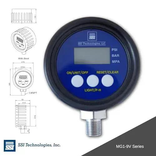 MG1 9V Series Digital Pressure Gauge with LCD Display, 1000 Psi, battery powered, 2.5 inch dial, stainless steel parts, SSI Technologies.