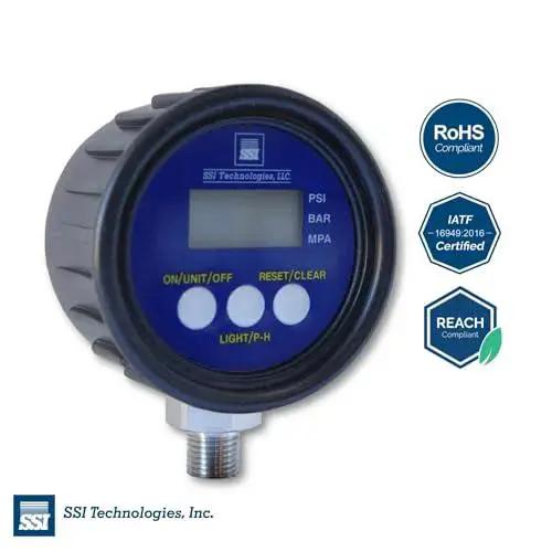 Front view of MG1 9V Series Digital Pressure Gauge With LCD Display 1000 Psi Operating Pressure Battery Powered 9V 1 Percent Accuracy