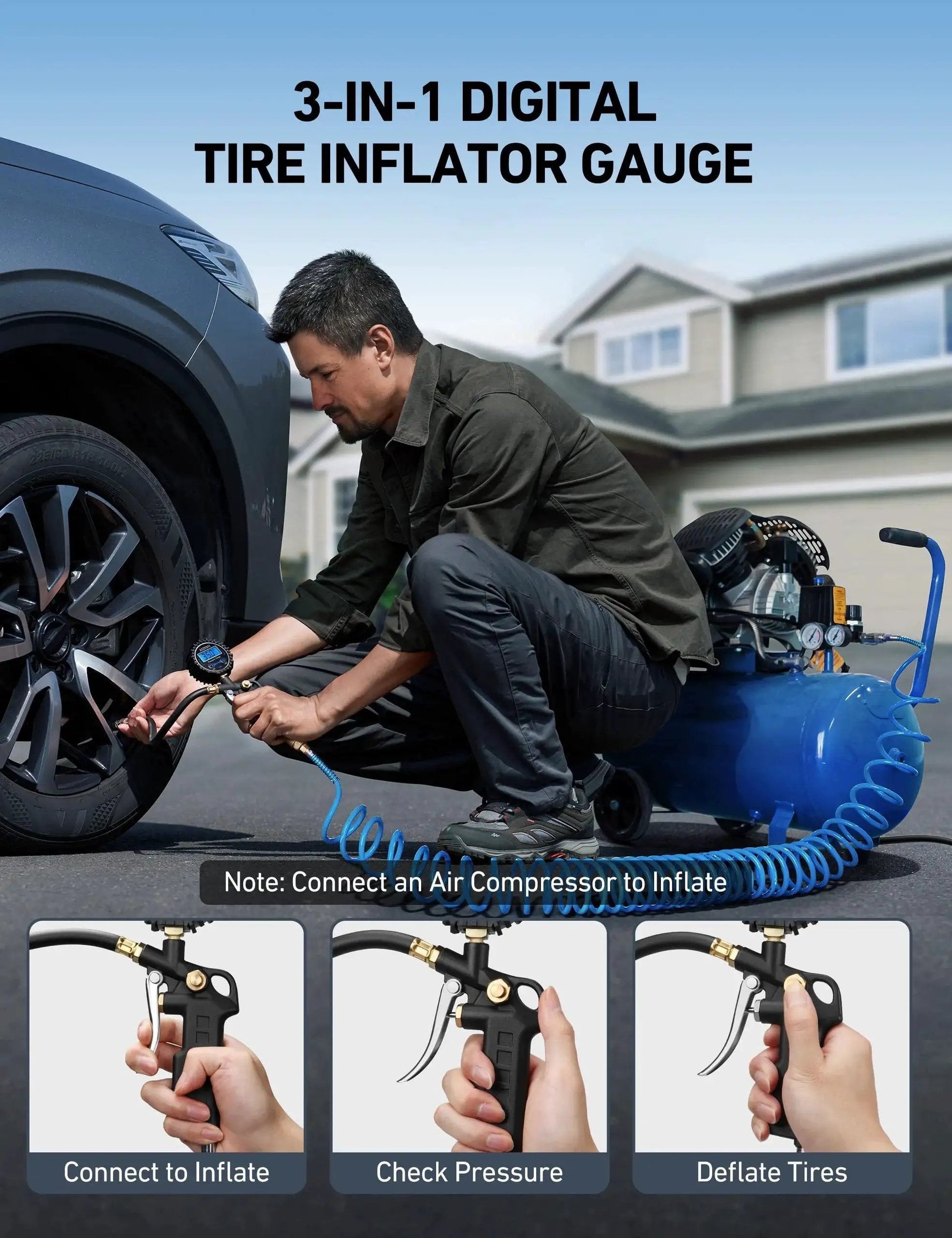 Man using Digital Tire Pressure Gauge With Inflator 3 to 250 PSI Air Chuck And Quick Connect Coupler on car tire