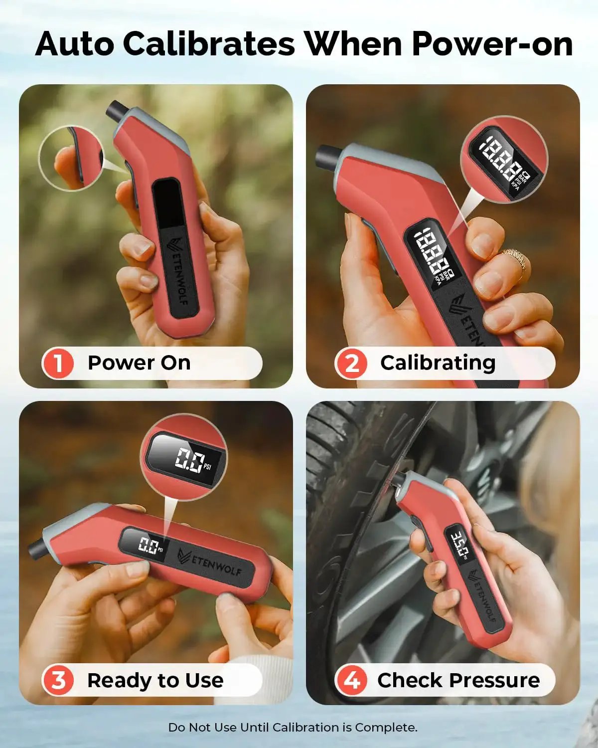 Digital Tire Pressure Gauge 3 To 200 PSI ANSI B40.7 Grade 2A Plus Minus 0.5 Percent Accuracy in use illustrating step-by-step usage.