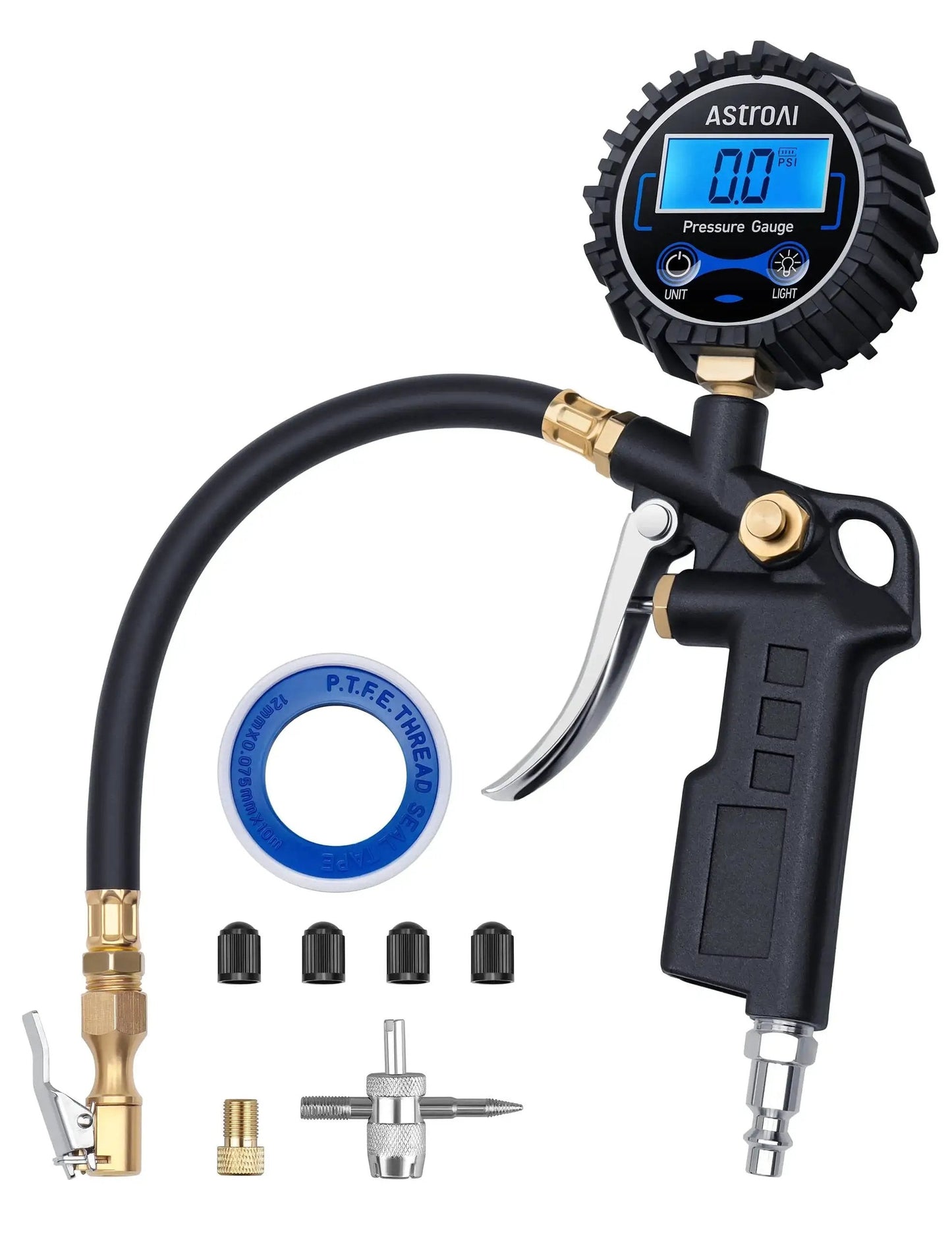 Digital Tire Pressure Gauge With Inflator 3 to 250 PSI Air Chuck And Quick Connect Coupler Heavy Duty Compressor Accessories with display.