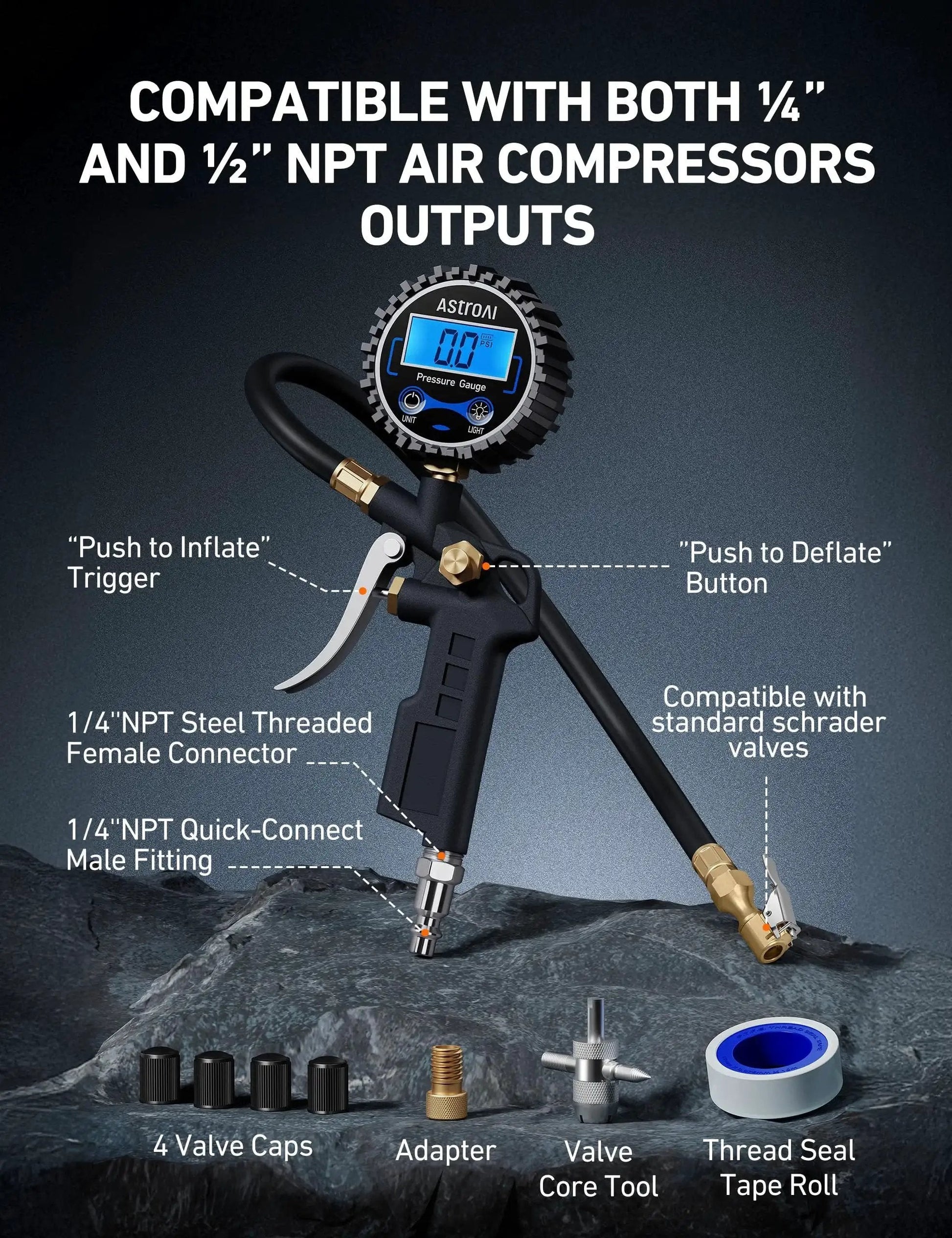 Digital Tire Pressure Gauge With Inflator 3 to 250 PSI Air Chuck And Quick Connect Coupler, display, and accessories kit