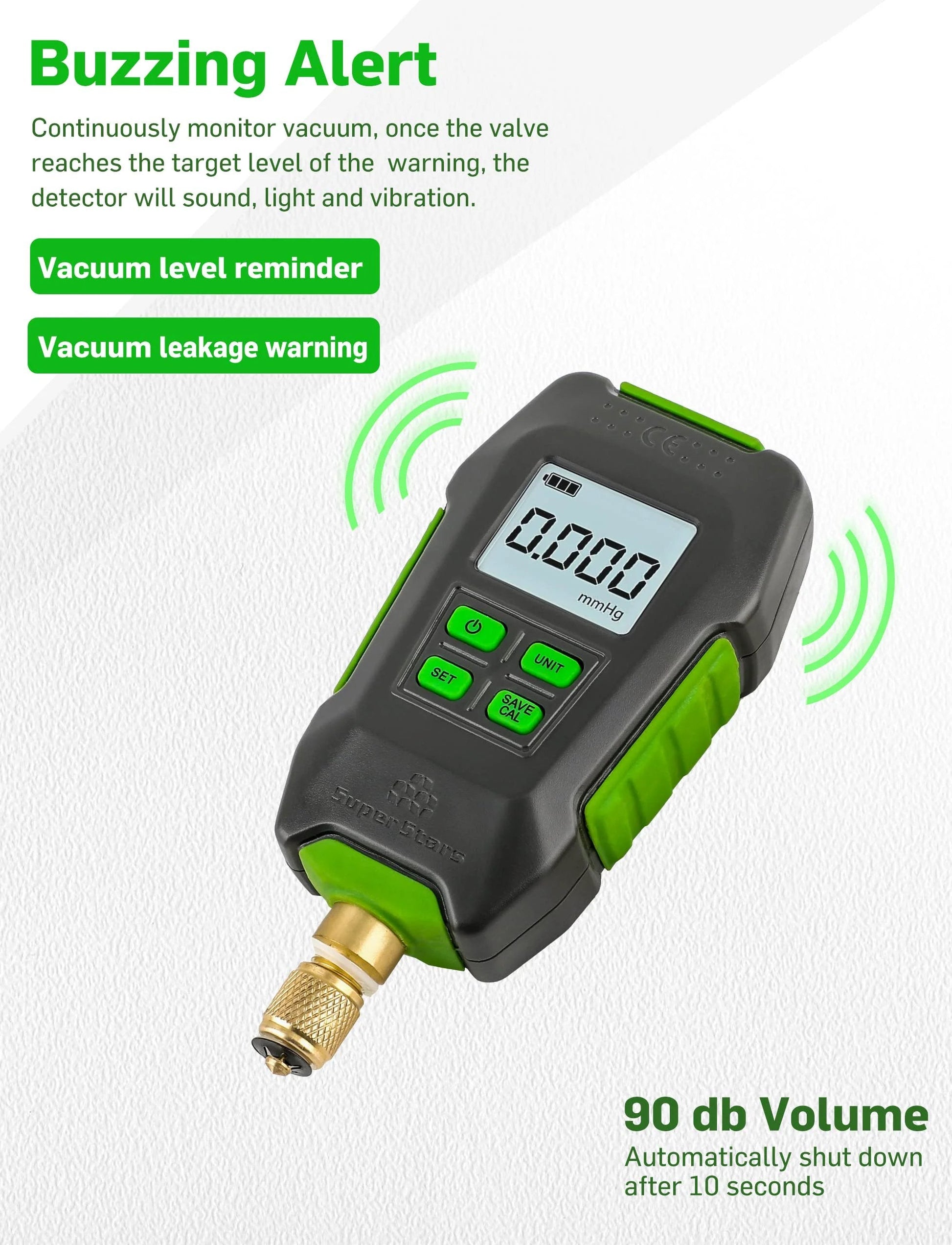 Digital Micron Vacuum Gauge For HVAC With Alarm, Temperature Compensation, And LCD Display, Four Unit Readings Pa, mBar, MmHg, Microns, Quarter Inch SAE Connection, High Accuracy Pirani Sensor For Fast Pro Grade Vacuum Readouts, front view with LCD display and green accents.
