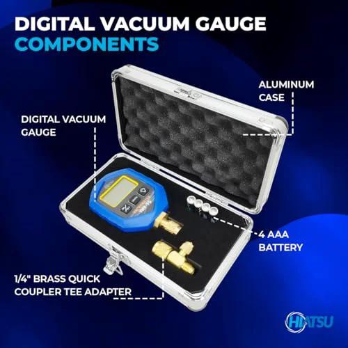 Digital Vacuum Gauge With Ultra Wide Range For HVAC And Refrigeration VMH-75 aluminum case components including brass tee adapter.