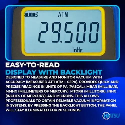 Close-up of the Digital Vacuum Gauge With Ultra Wide Range For HVAC And Refrigeration VMH-75 Aluminum Case displaying measurement in inches of mercury.