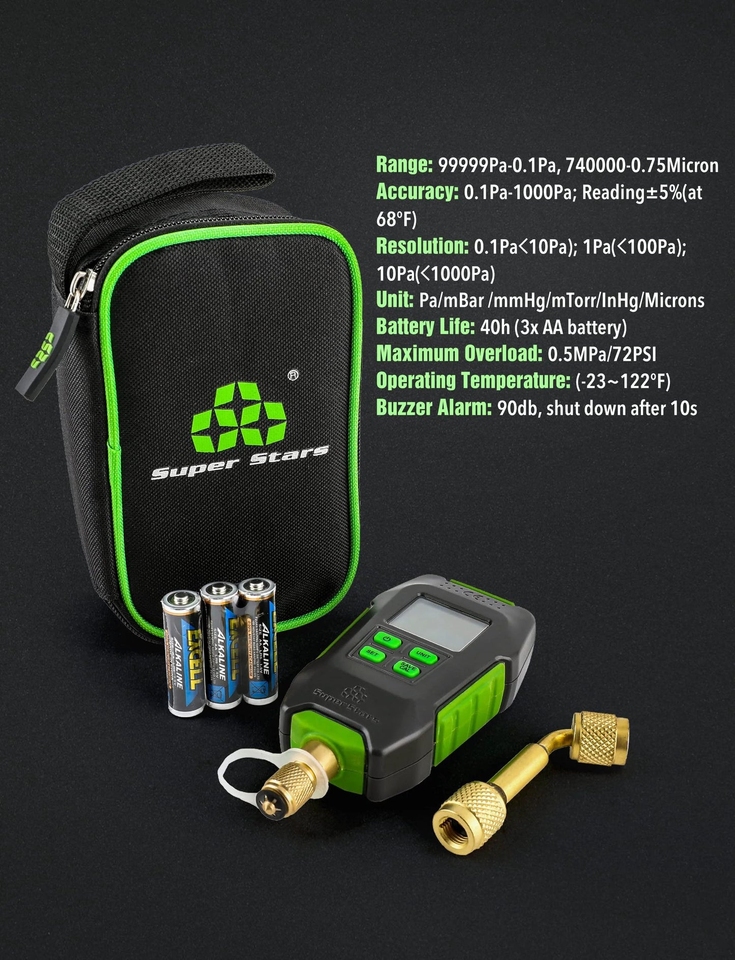 Digital Micron Vacuum Gauge For HVAC With Alarm, Temperature Compensation, And LCD Display, Four unit readings, green with carry pouch.