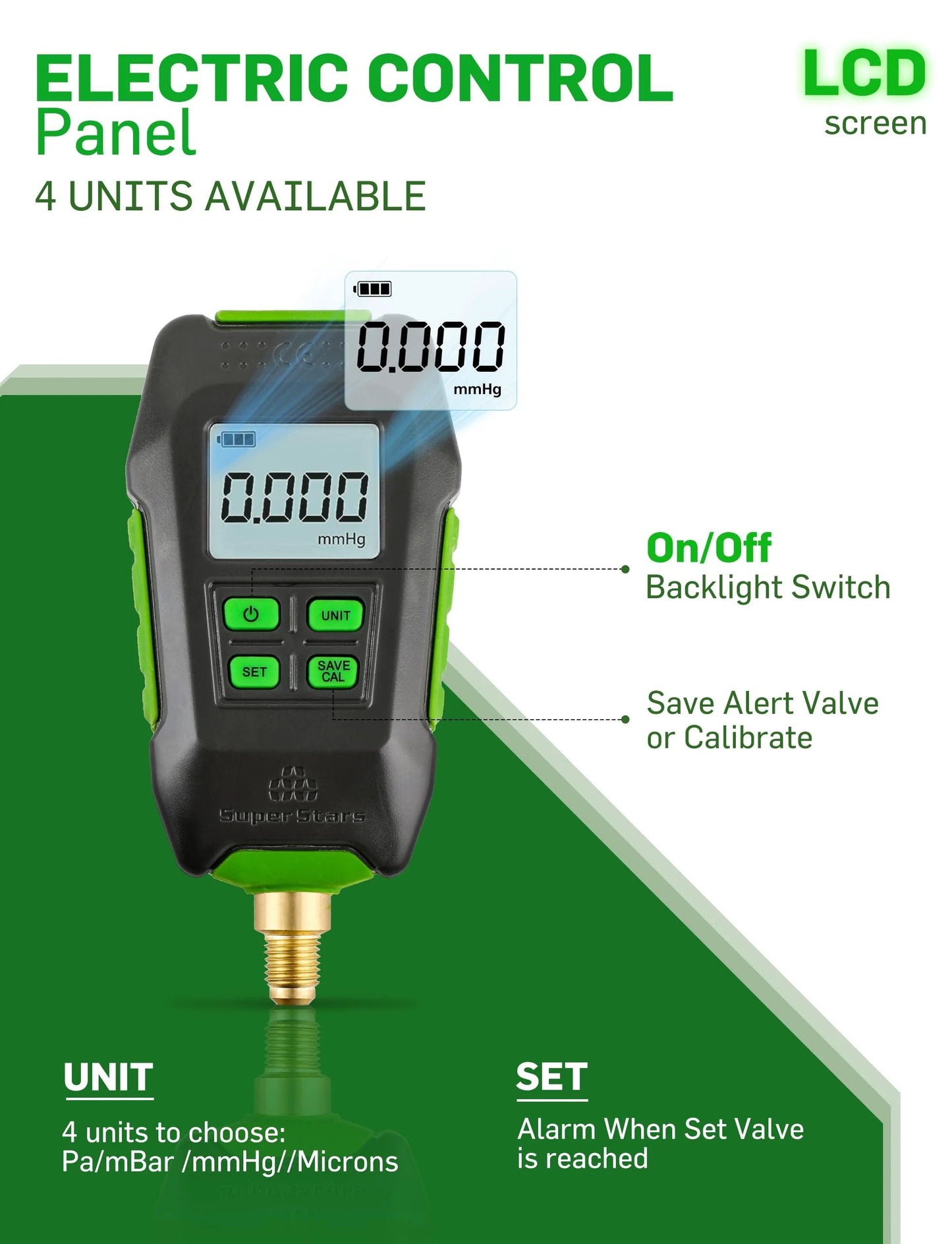 Digital Micron Vacuum Gauge For HVAC With Alarm, Temperature Compensation, And LCD Display, Four Unit Readings Pa, mBar, MmHg, Microns, Quarter Inch SAE Connection, High Accuracy Pirani Sensor For Fast Pro Grade Vacuum Readouts, LCD control panel view.