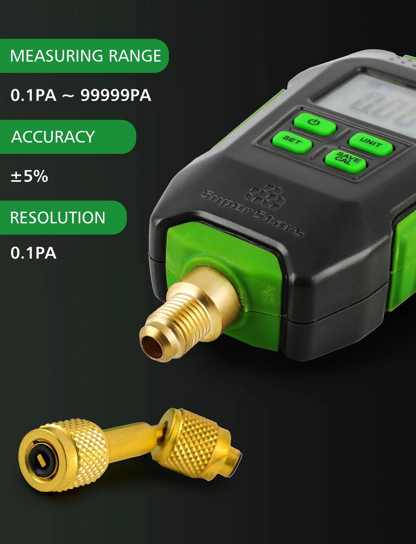 Digital Micron Vacuum Gauge For HVAC With Alarm, Temperature Compensation, And LCD Display, Four Unit Readings Pa, mBar, MmHg, Microns, Quarter Inch SAE Connection, High Accuracy Pirani Sensor For Fast Pro Grade Vacuum Readouts close-up view of gauge with connection fittings.