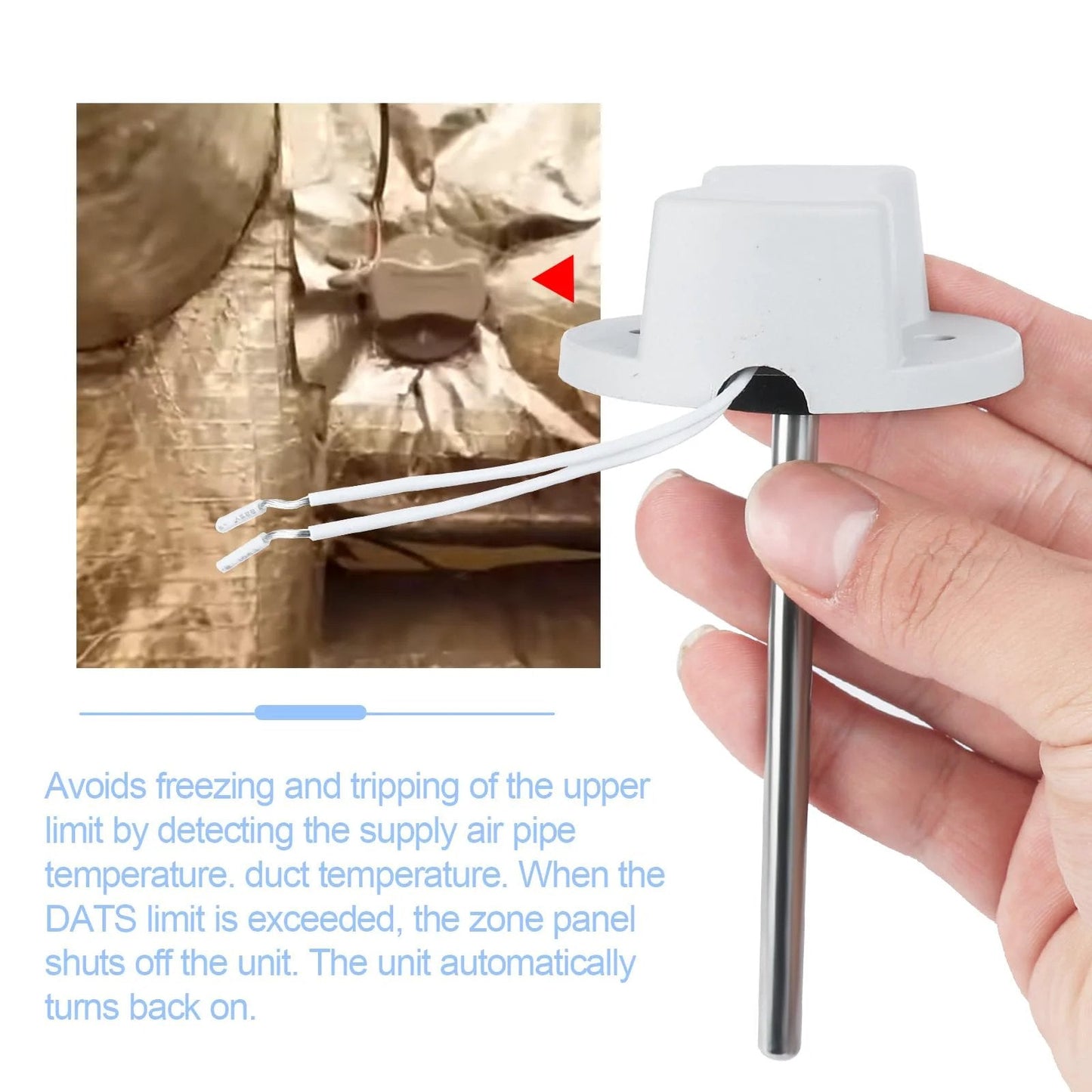 Discharge Air Temperature Sensor Replacement For Your HVAC Setup C7735A1000 showing front view with metal probe and electrical wires.