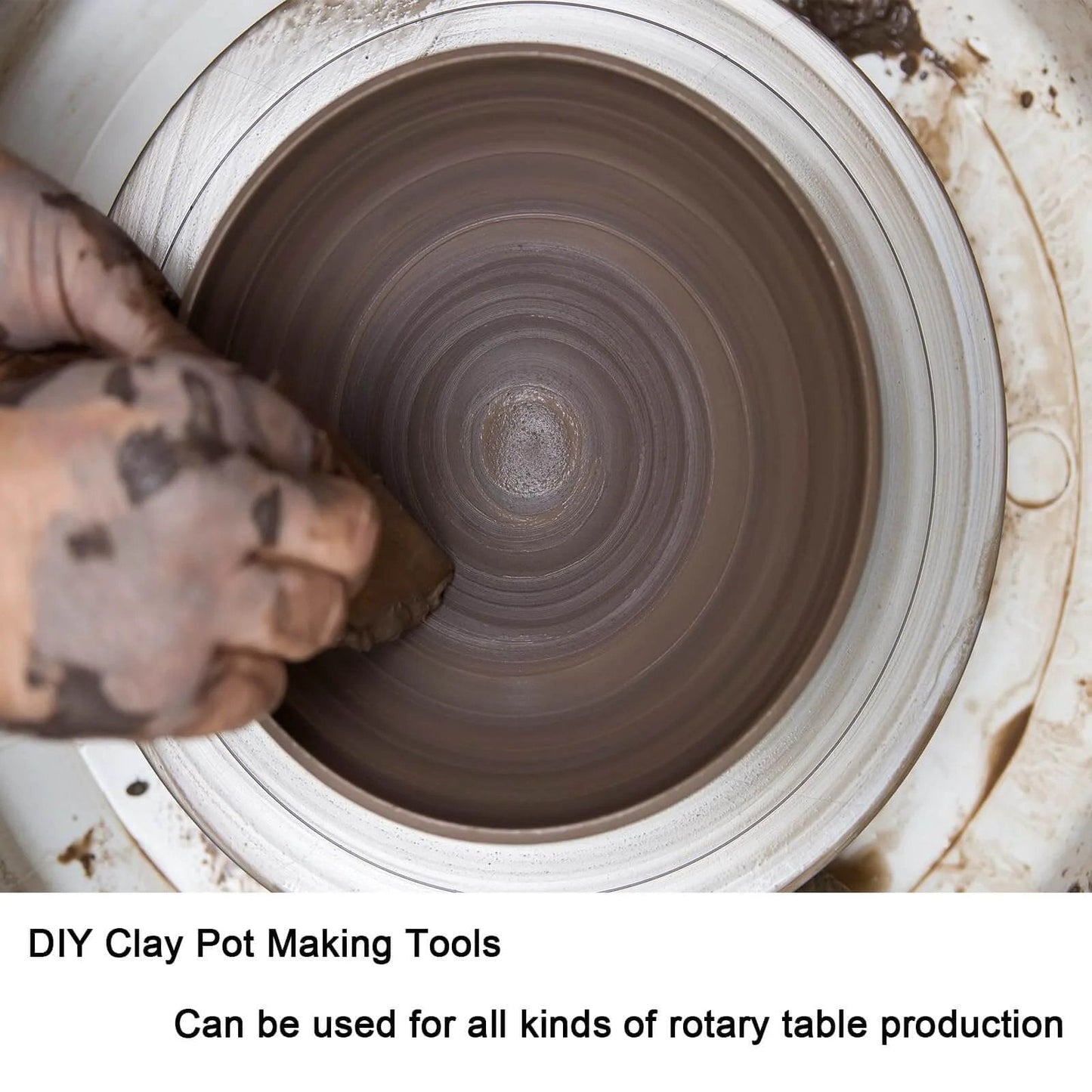 Hands shaping clay on a rotary turntable, ideal for use with 18 Inch Heavy Duty Aluminum Lazy Susan Bearing in pottery making.