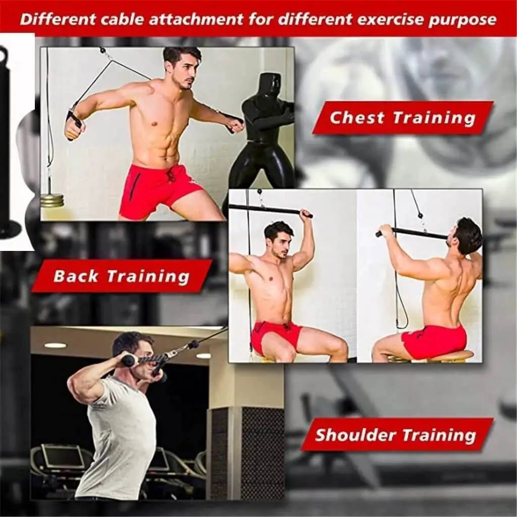 Man using upgraded cable pulley system for chest, back, and shoulder training in home gym setting.
