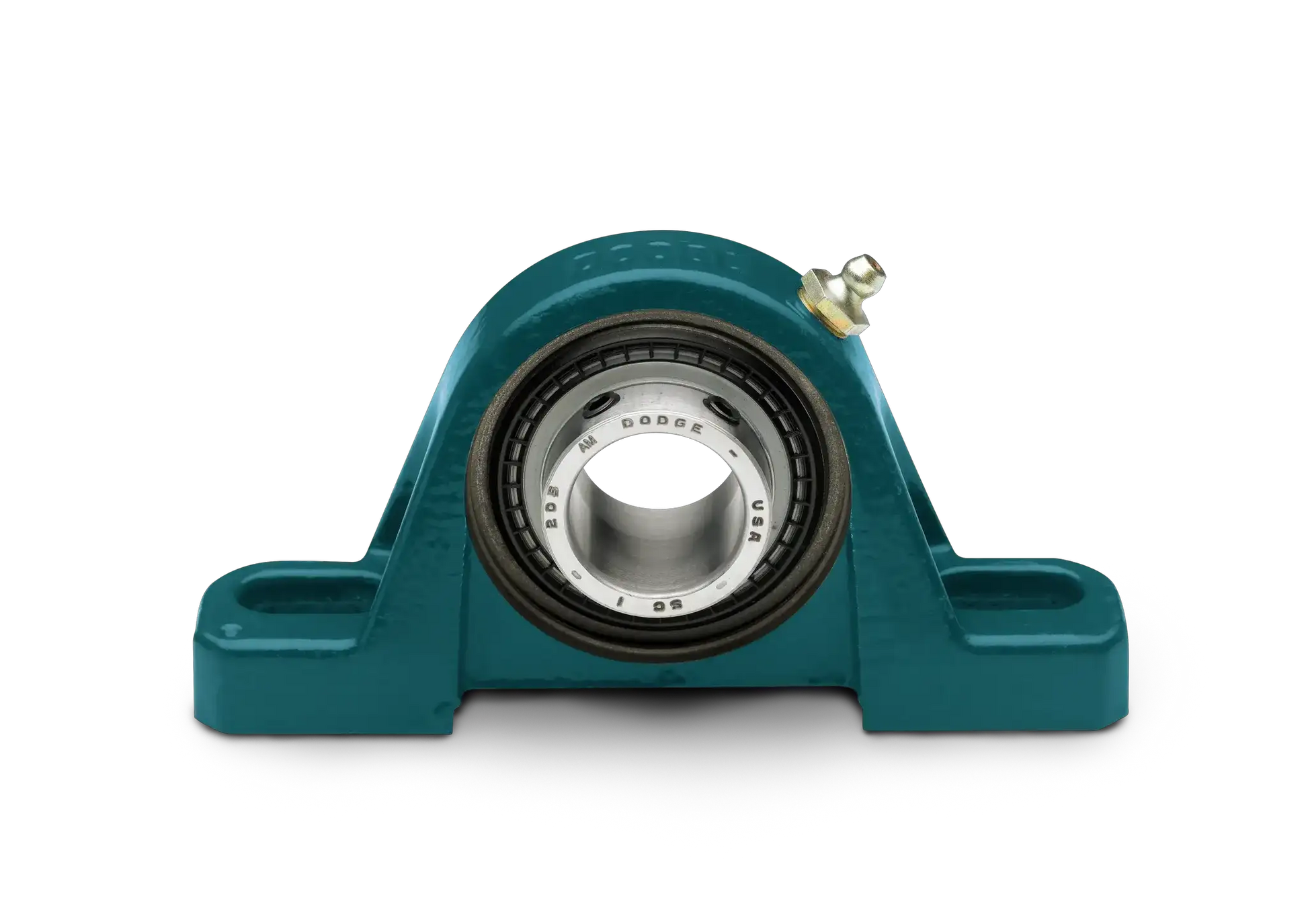 Front view of Dodge P2B-SCM-115 pillow block bearing unit with cast iron construction and 2-bolt base, designed for heavy-load use.