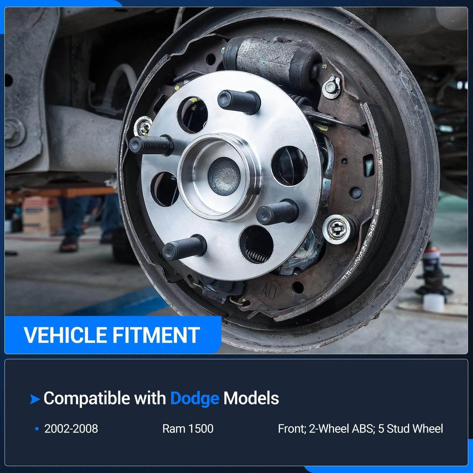 515072 Front Wheel Hub and Bearing Assembly installed on Dodge Ram 1500, showing non ABS 5 lug OE replacement for 2002 to 2008 models.